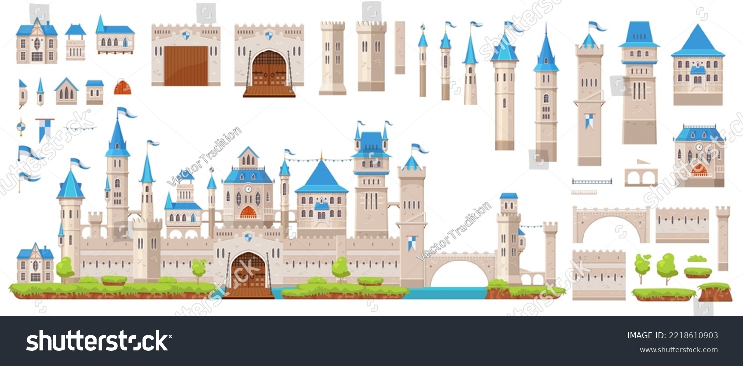SVG of Knight stone castle and fortress constructor kit, vector gate tower and turret, bridge and fort walls. Castle or palace building constructor kit, medieval kingdom game or citadel architecture elements svg