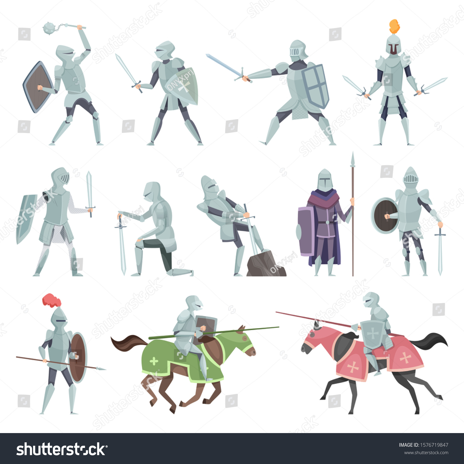 Knights Medieval Battle Armor Characters Crusaders Stock Vector ...