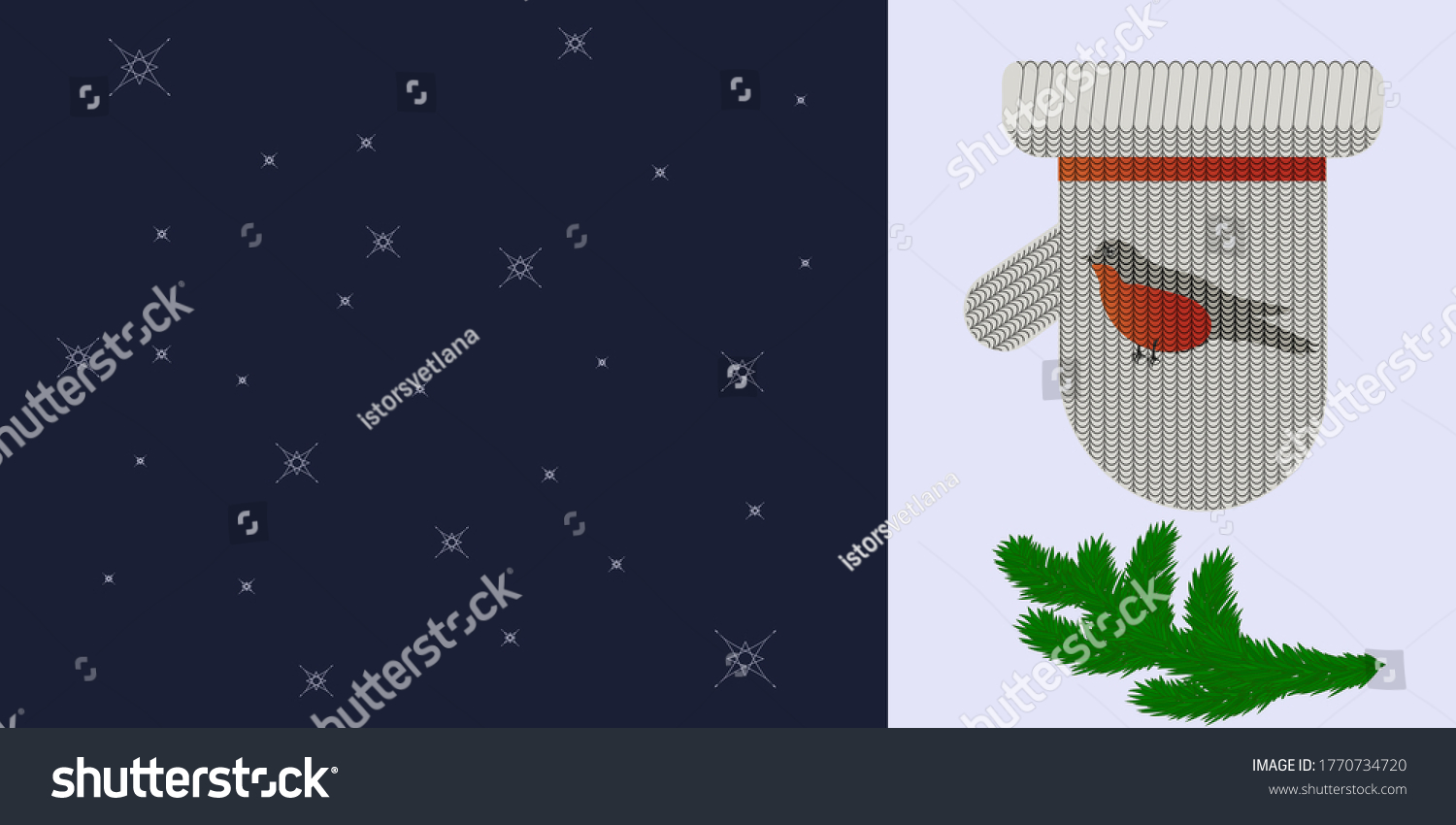 SVG of Knitted mittens, bullfinch, spruce branch - dark blue background - vector. Banner. A Christmas gift. Winter holidays svg