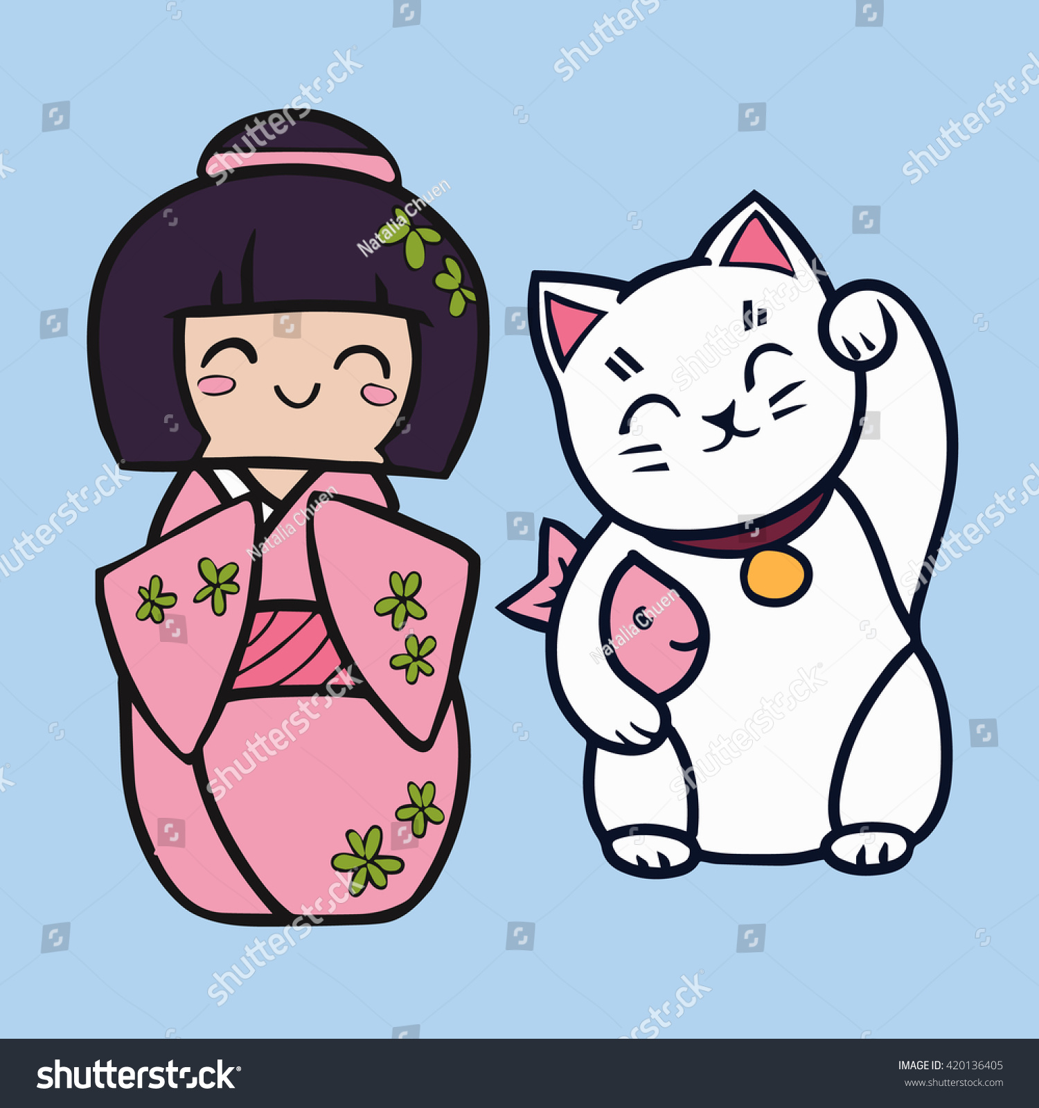 SVG of Kokeshi cartoon doll in kimono. Japanese traditional toy. Maneki neko cat with fish. svg