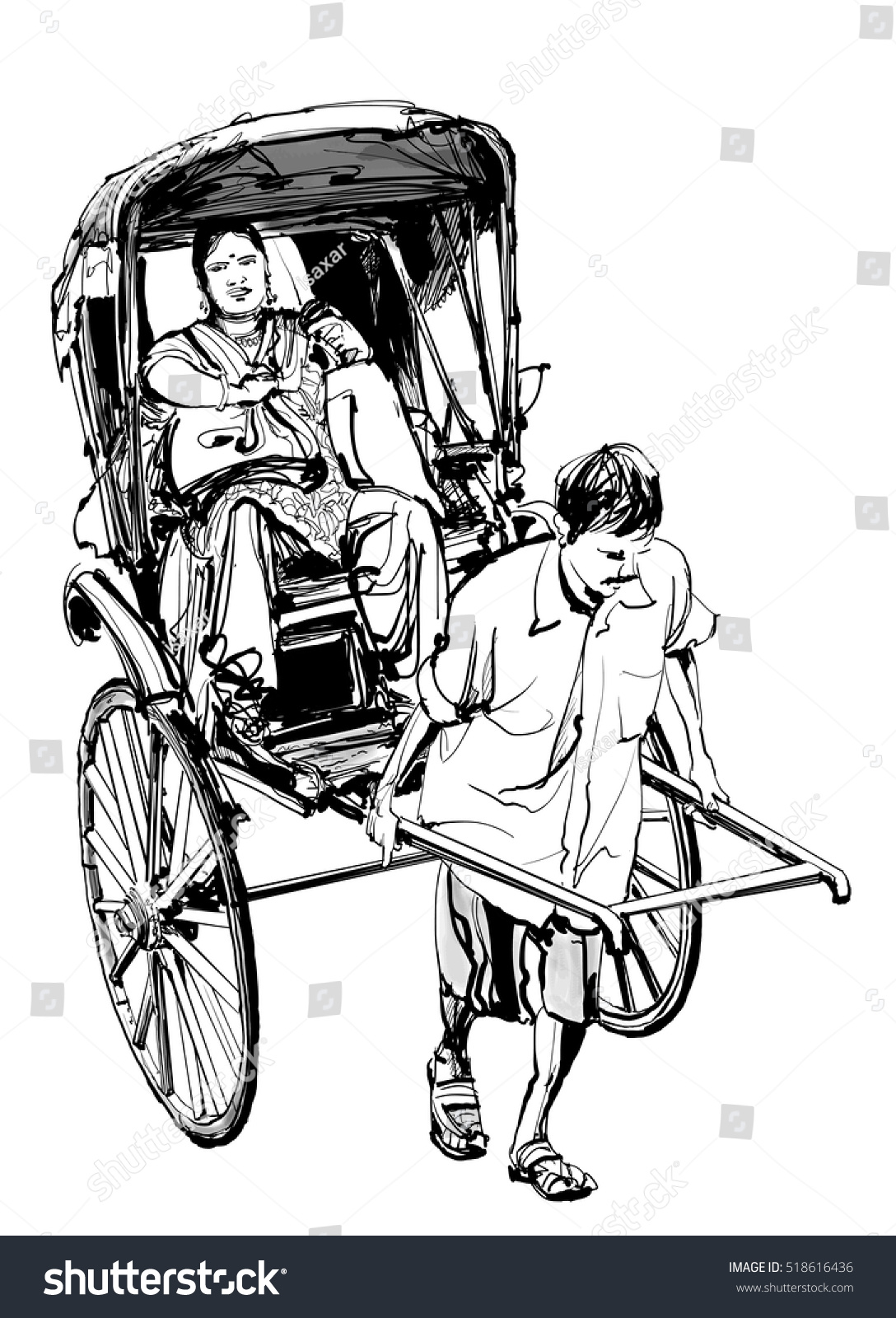 インド コルカタ 乗客と人力車を描く ベクターイラスト のベクター画像素材 ロイヤリティフリー 518616436