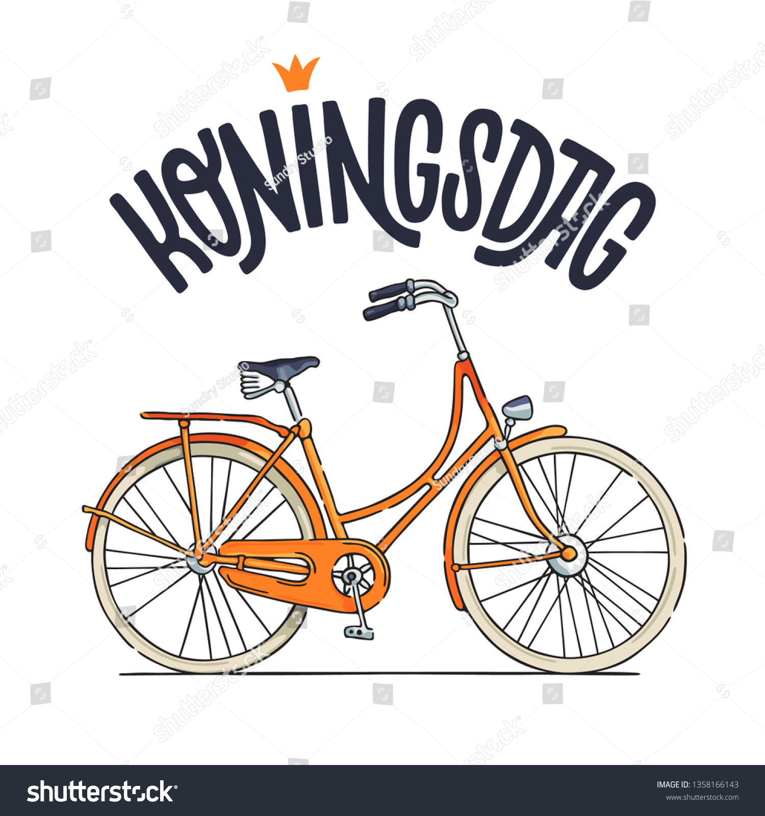 オレンジ色の自転車と手書きのkoningsdagデザインテンプレート オランダの祝日 ポスター カード 招待状 カバー チラシなどに使用できます のベクター画像素材 ロイヤリティフリー