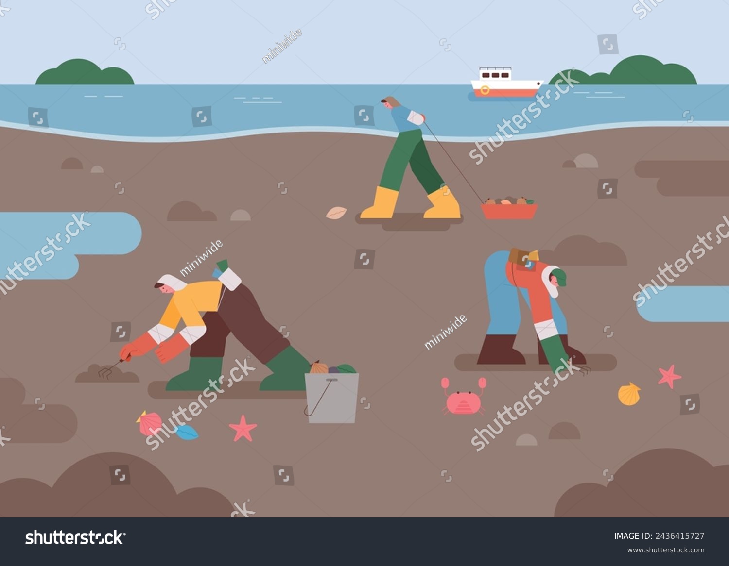 SVG of Korea's mud flat background. Fishermen are wearing work clothes and bending over to dig up clams. svg