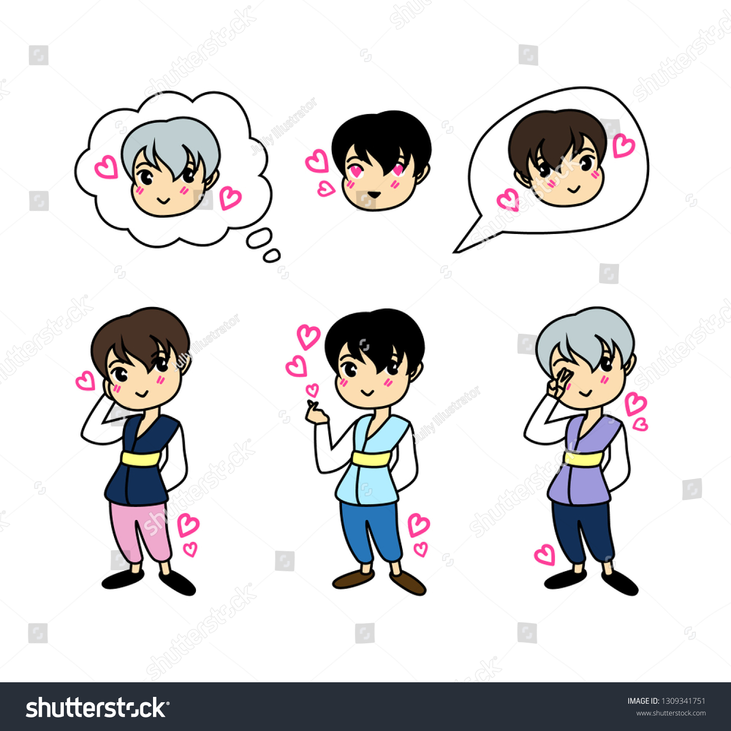 Korean Cute Cartoon Guys Traditional Clothes Stock Vector Royalty