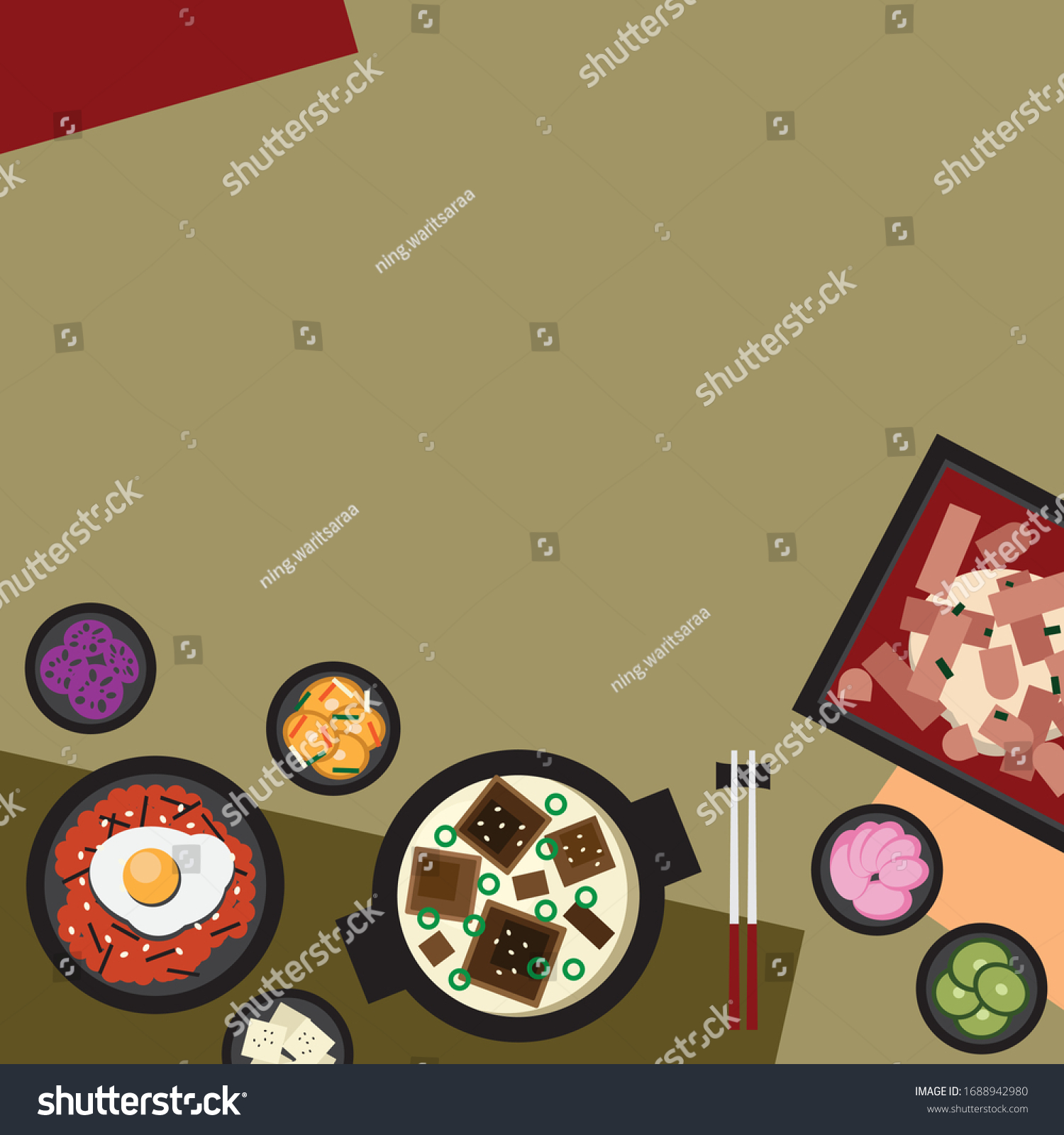 テーブルのコンセプトに韓国料理セット 壁紙 バナー ウェブデザイン レイアウト 広告 装飾用のテンプレート 上面図のフラットスタイルのベクターイラスト のベクター画像素材 ロイヤリティフリー