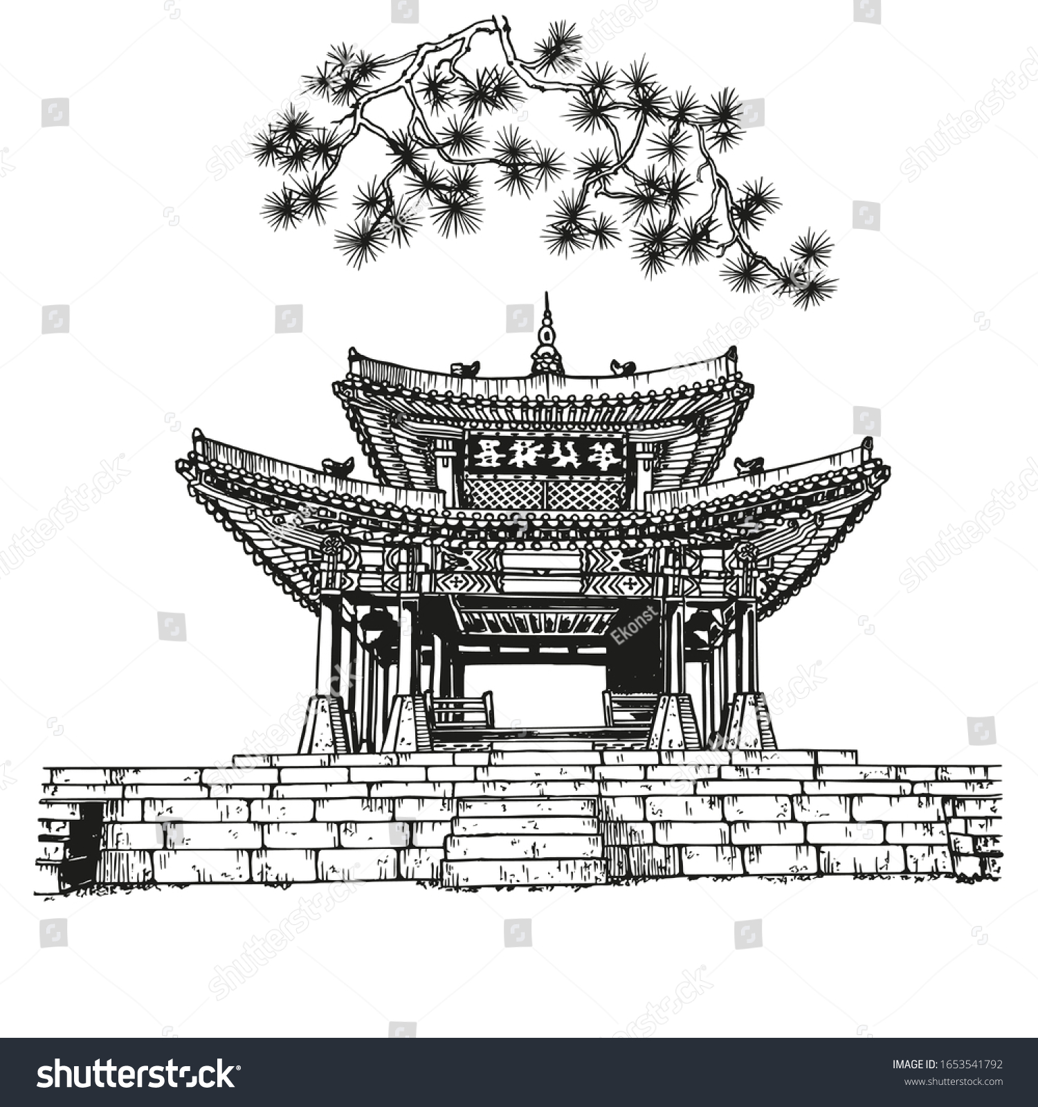 Korean Traditional Building Hand Drawn Illustration Stock Vector ...