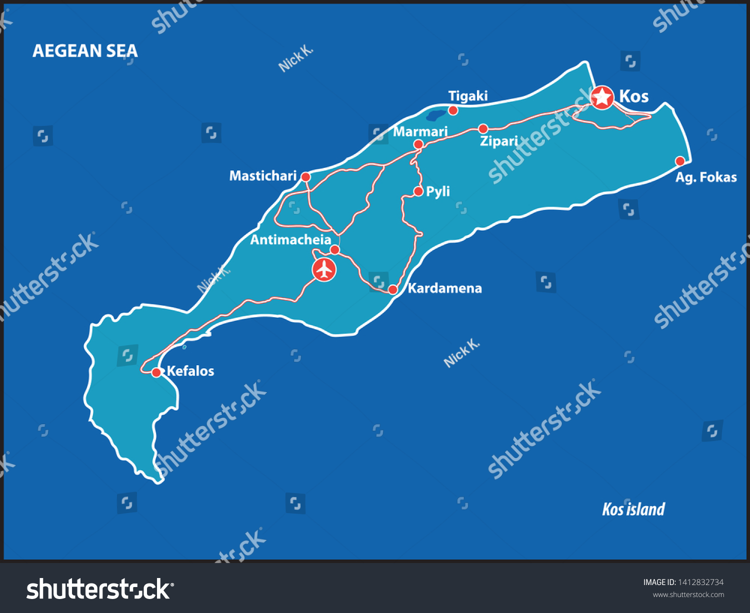 Kos Island Vector Map Greece This Stock Vector Royalty Free 1412832734 4709