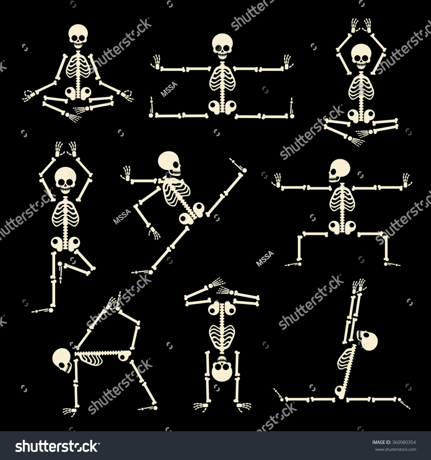 Kung Fu And Yoga Skeletons Set. Human Pose Anatomy, Body Comic, Healthy ...