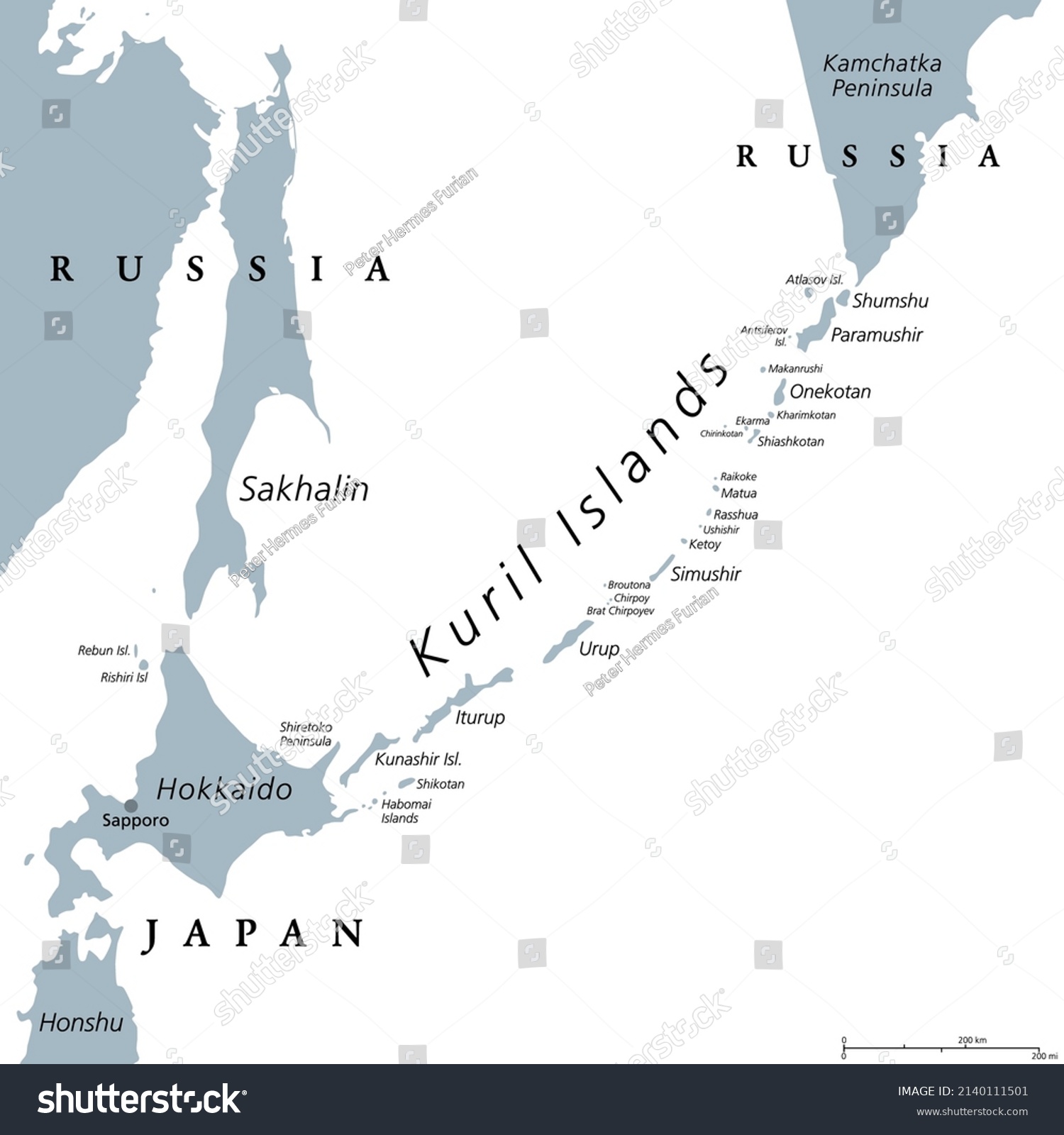 Kuril Islands Gray Political Map Volcanic Stock Vector Royalty Free   Stock Vector Kuril Islands Gray Political Map A Volcanic Archipelago Part Of Sakhalin Oblast In Russian Far 2140111501 