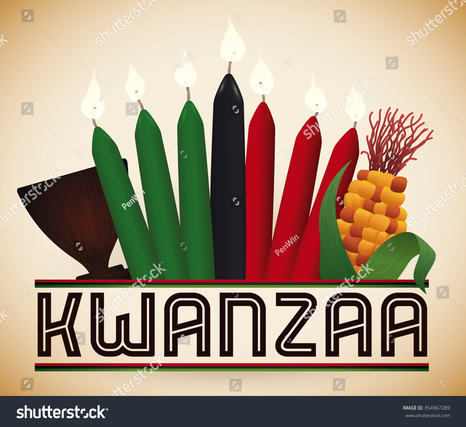 Kwanzaa Design With Traditional Seven Lighted Candles, Corn And Wooden ...