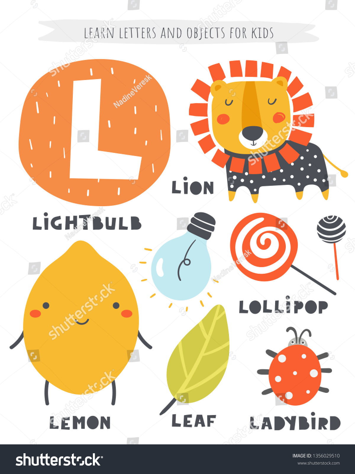 L Letter Objects Animals Including Lion Stock Vector (Royalty Free ...