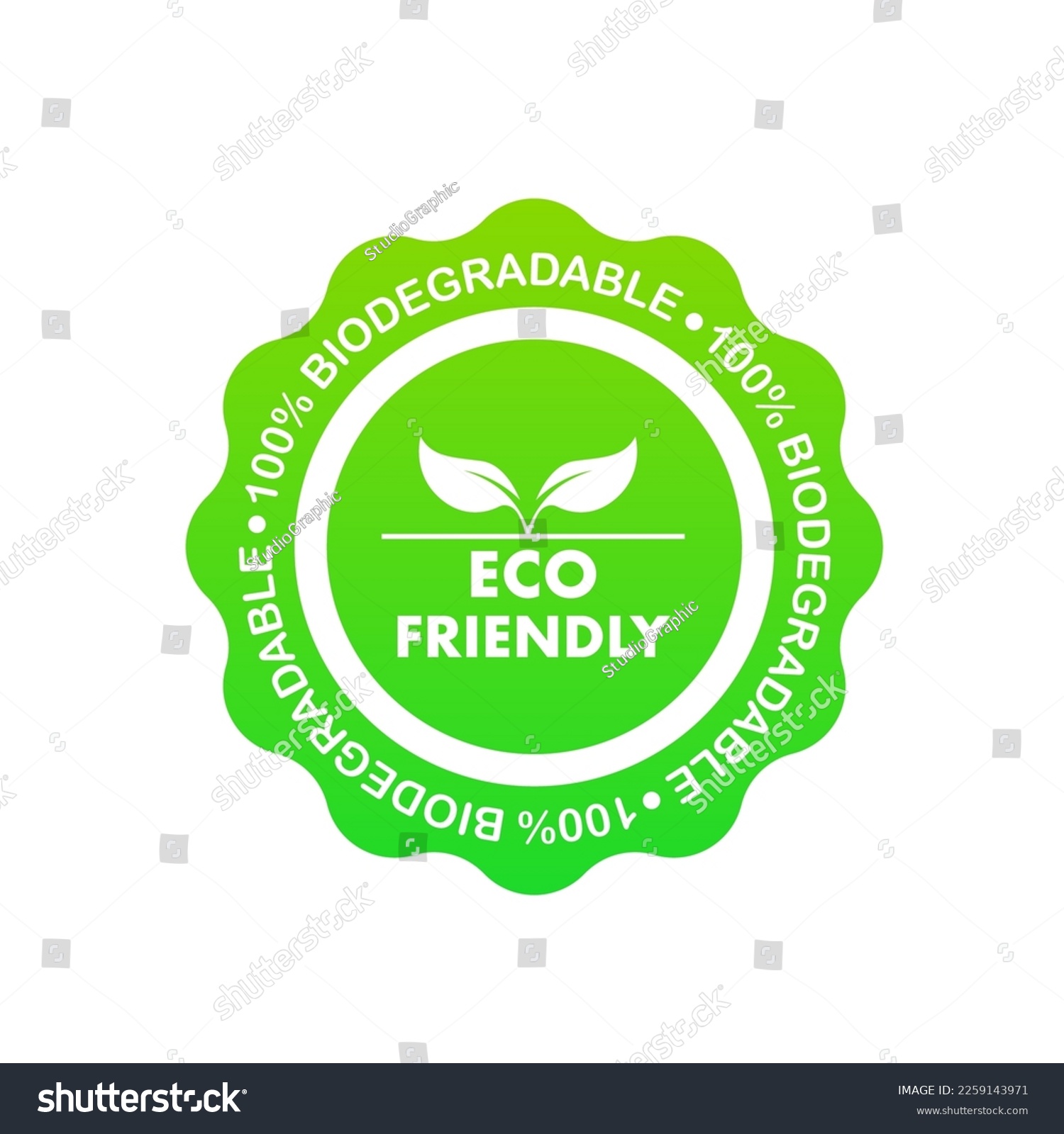 SVG of Label Eco friendly. 100% biodegradable 100% compostable icon, logo. Green leaves in a circle. Round biodegradable symbol. Natural recyclable packaging sign. Eco friendly product. Vector illustration svg