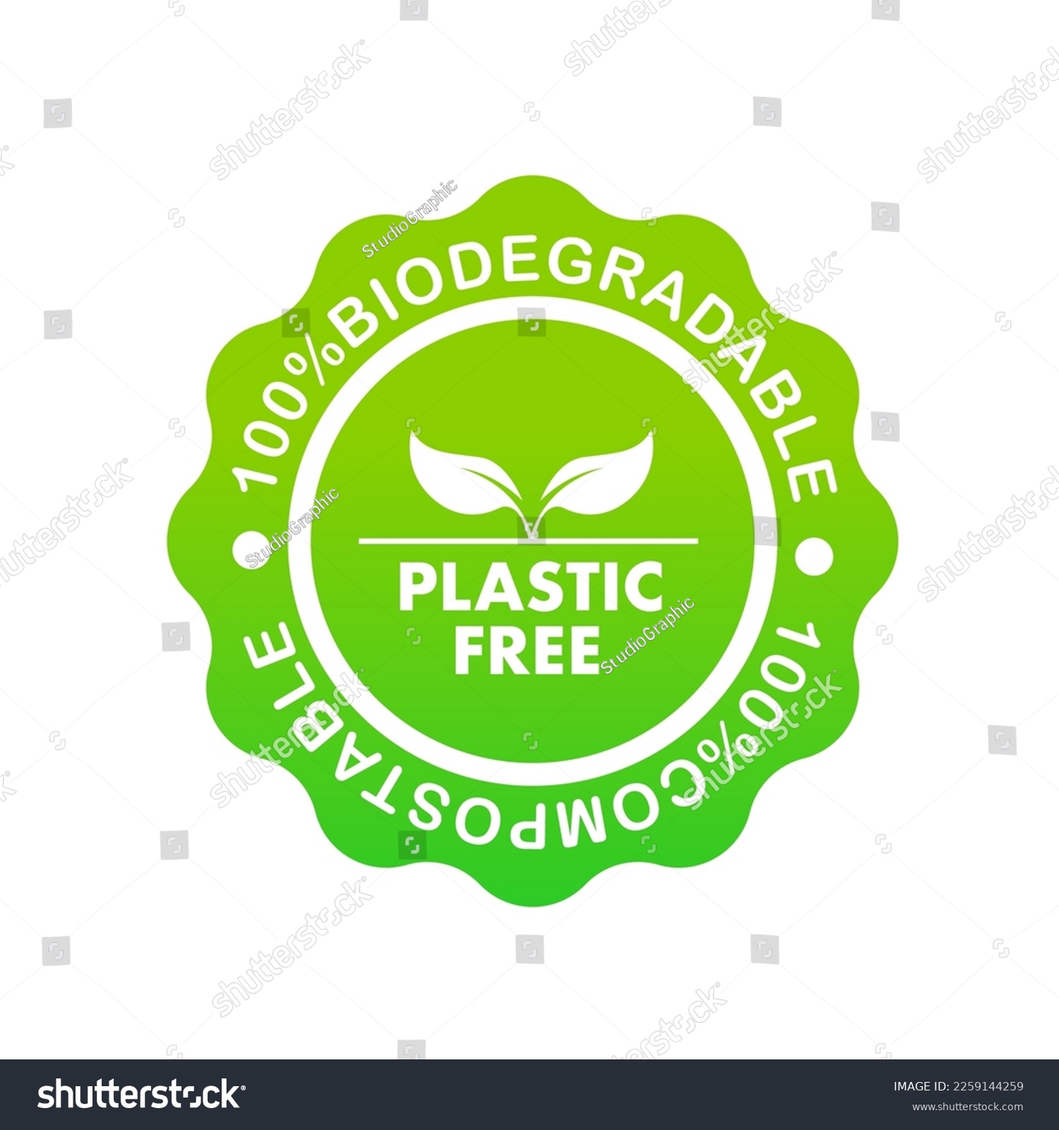 SVG of Label plastic free. 100% biodegradable 100% compostable icon, logo. Green leaves in a circle. Round biodegradable symbol. Natural recyclable packaging sign. Eco friendly product. Vector illustration svg