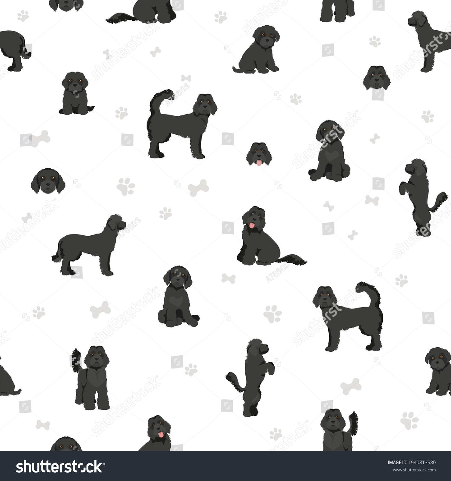 SVG of Labradoodle seamless pattern.  Different poses, coat colors set.  Vector illustration svg
