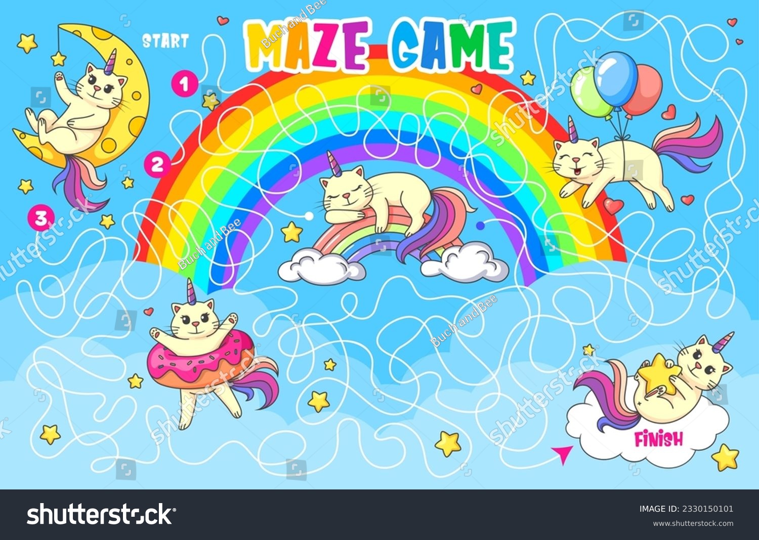 SVG of Labyrinth maze. Help cute caticorn cat to find friends, kids game quiz. Cartoon funny unicorn kitty characters vector puzzle worksheet with labyrinth on sky background, rainbows, balloons and stars svg