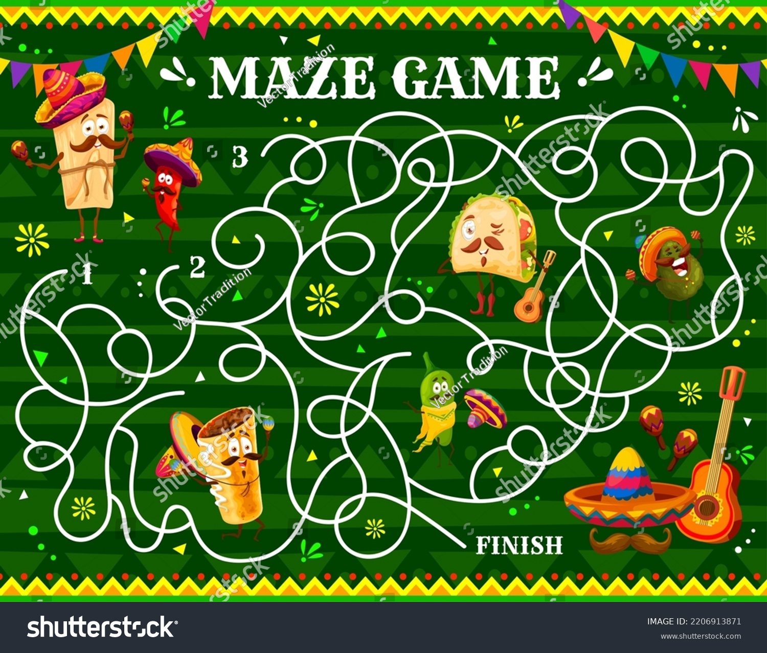 SVG of Labyrinth maze with vector mexican tacos, avocado and chimichanga, jalapeno and tamale cartoon characters. Kids educational game or puzzle worksheet with mexican food svg