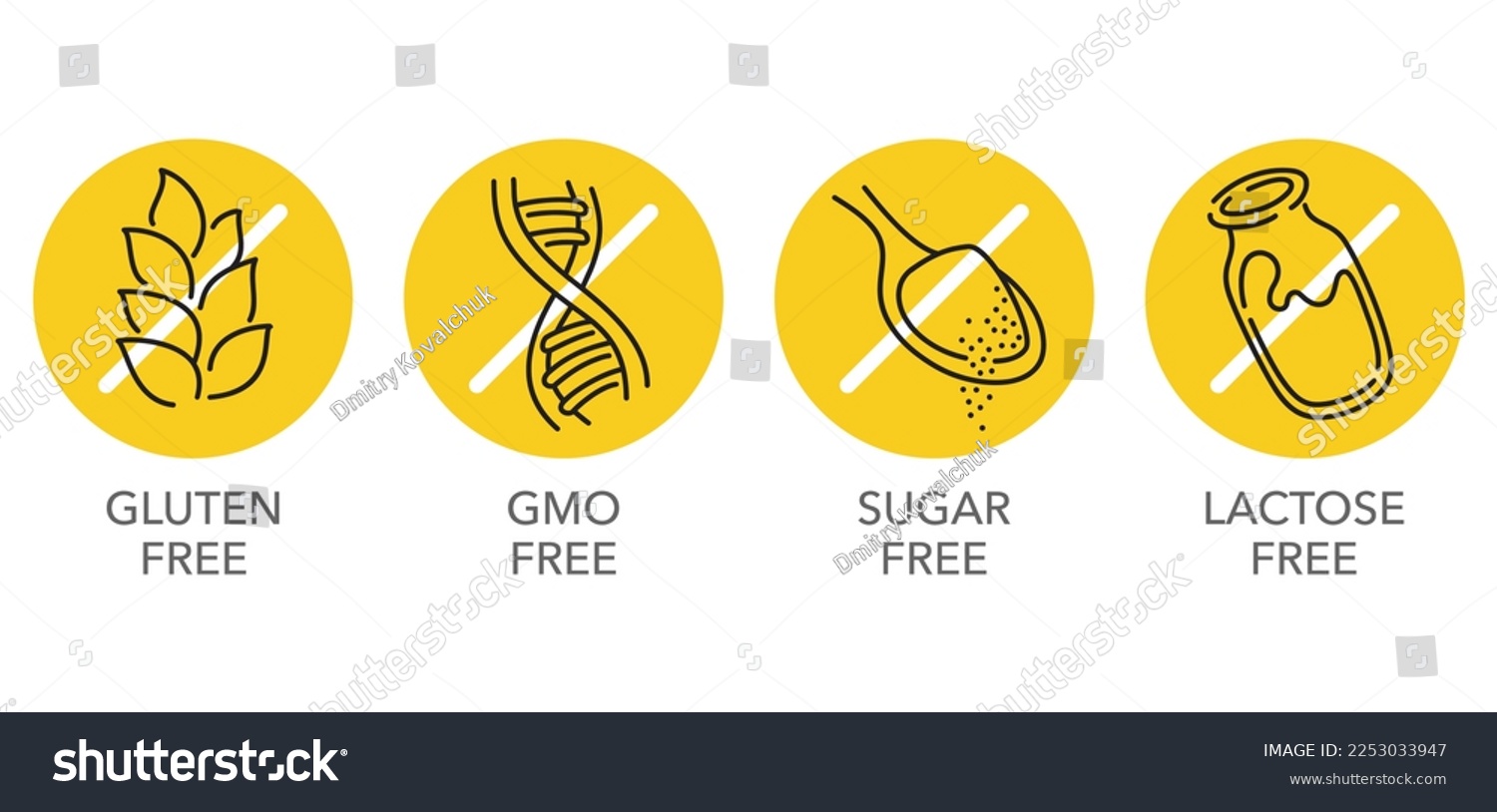 SVG of Lactose free yellow icons in thin line. Sugar free, Gluten free, GMO free - set of food packaging decoration element for healthy nutrition svg