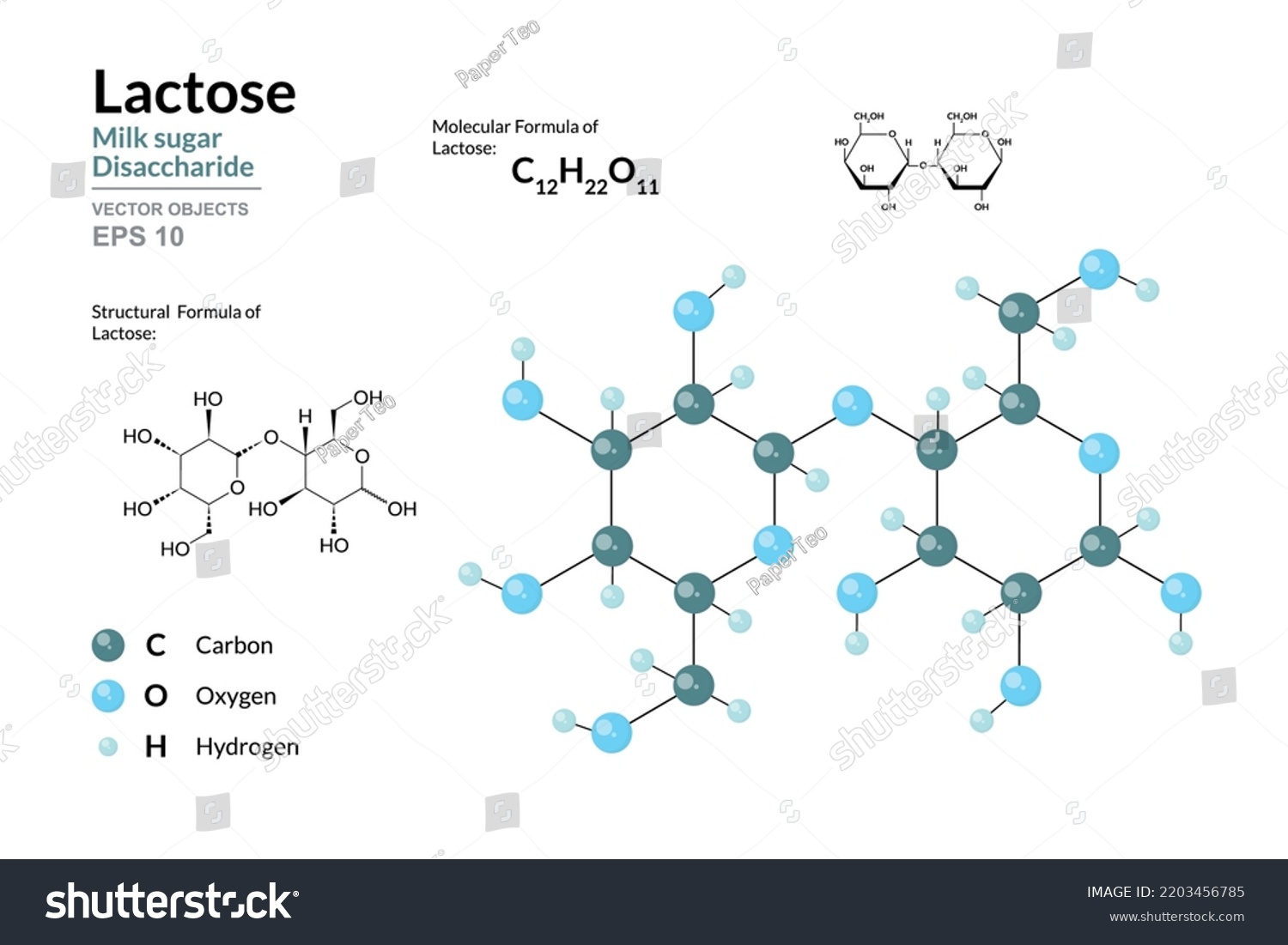 SVG of Lactose. Milk Sugar. Disaccharide. Structural Chemical Formula and Molecule 3d Model. C12H22O11. Atoms with Color Coding. Vector Illustration  svg