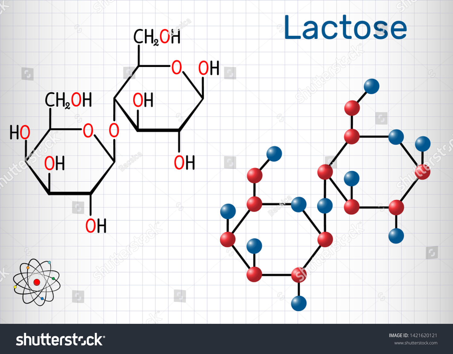 SVG of Lactose, milk sugar molecule, it is a disaccharide. Structural chemical formula and molecule model. Sheet of paper in a cage. Vector illustration

 svg