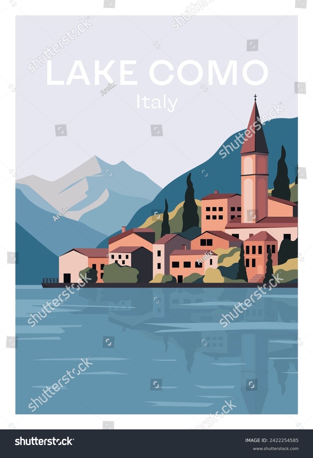 SVG of Lake Como landscape art print. Italian panorama with lake and mountains, vintage postcard with old town villas and cypress, flat poster design. Vector illustration. svg