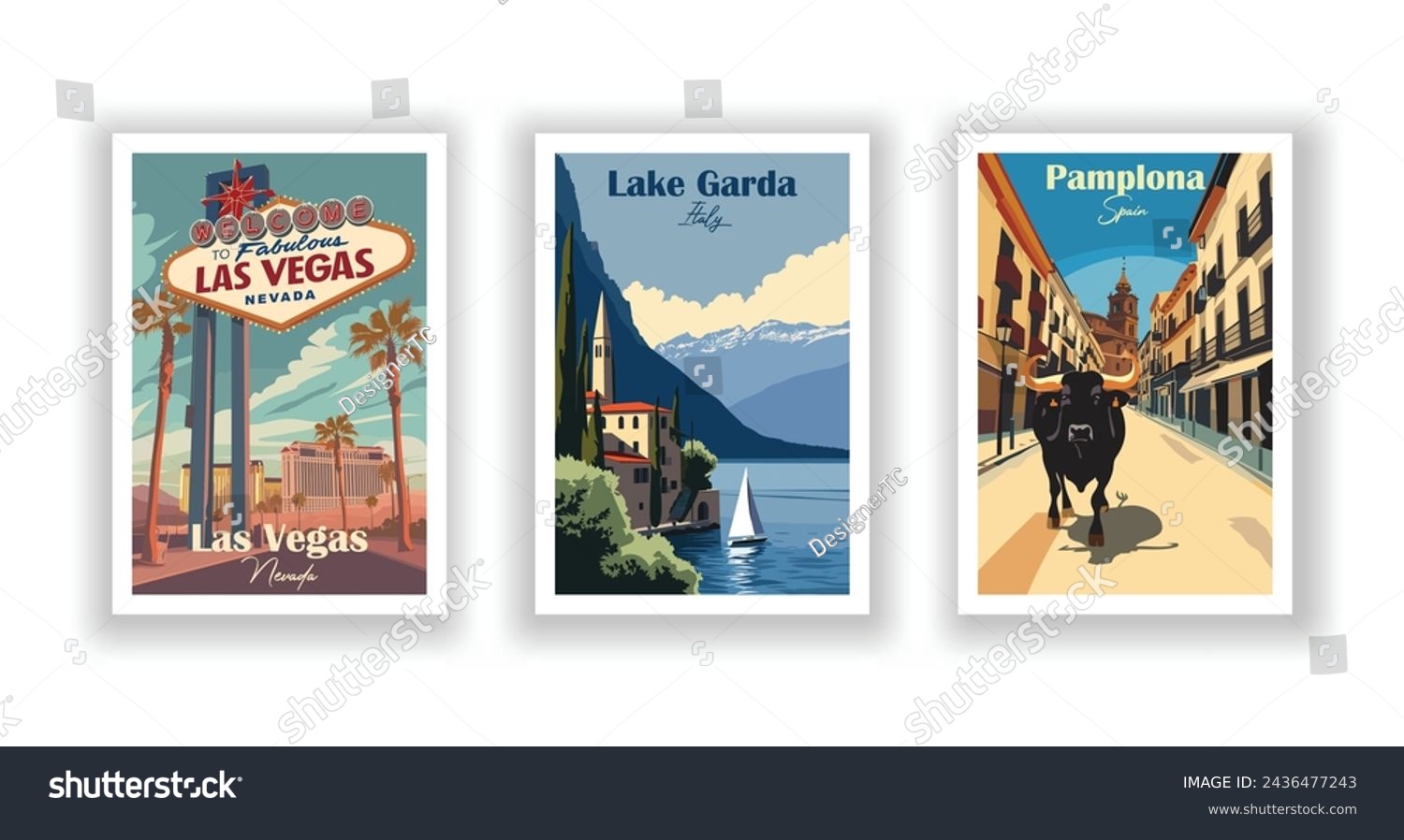 SVG of Lake Garda, Italy. Las Vegas, Nevada. Pamplona, Spain - Set Vintage Travel Poster. Vector illustration. High quality prints svg