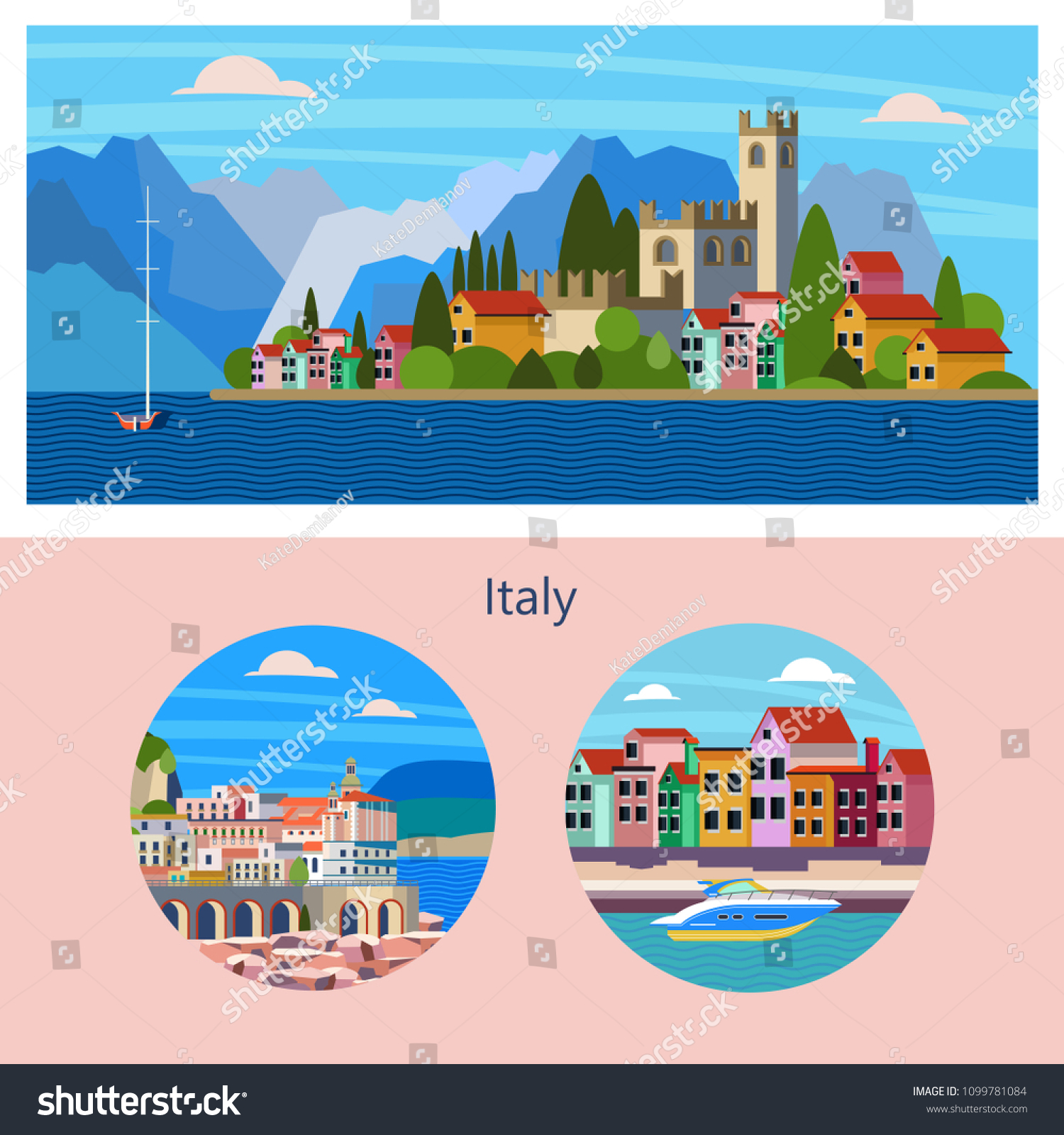 SVG of Lake Garda. Lake city. Round icons of Venice, Amalfi. Vector illustration with space for text. Template design of tourist booklet. svg