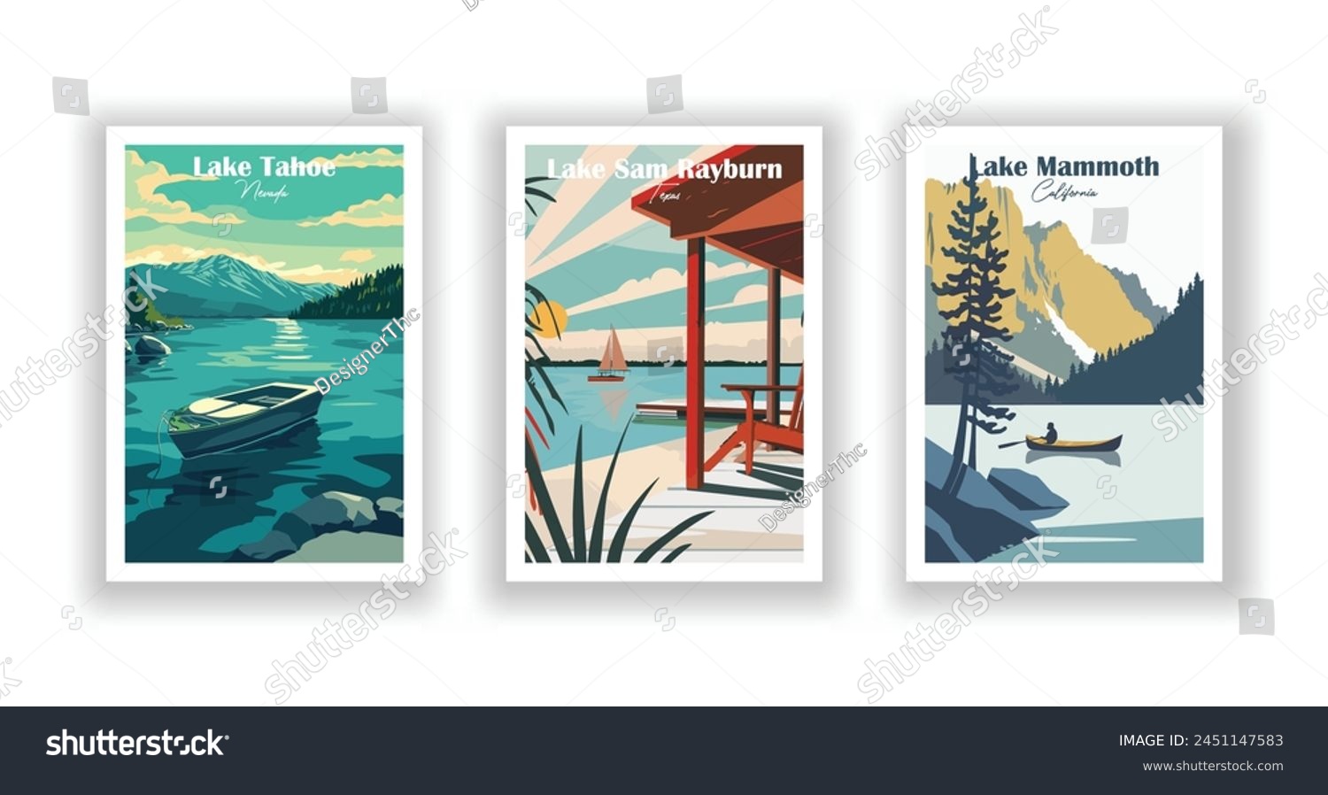 SVG of Lake Mammoth, California, Lake Sam Rayburn, Texas, Lake Tahoe, Nevada - Vintage travel poster. Vector illustration. High quality prints svg