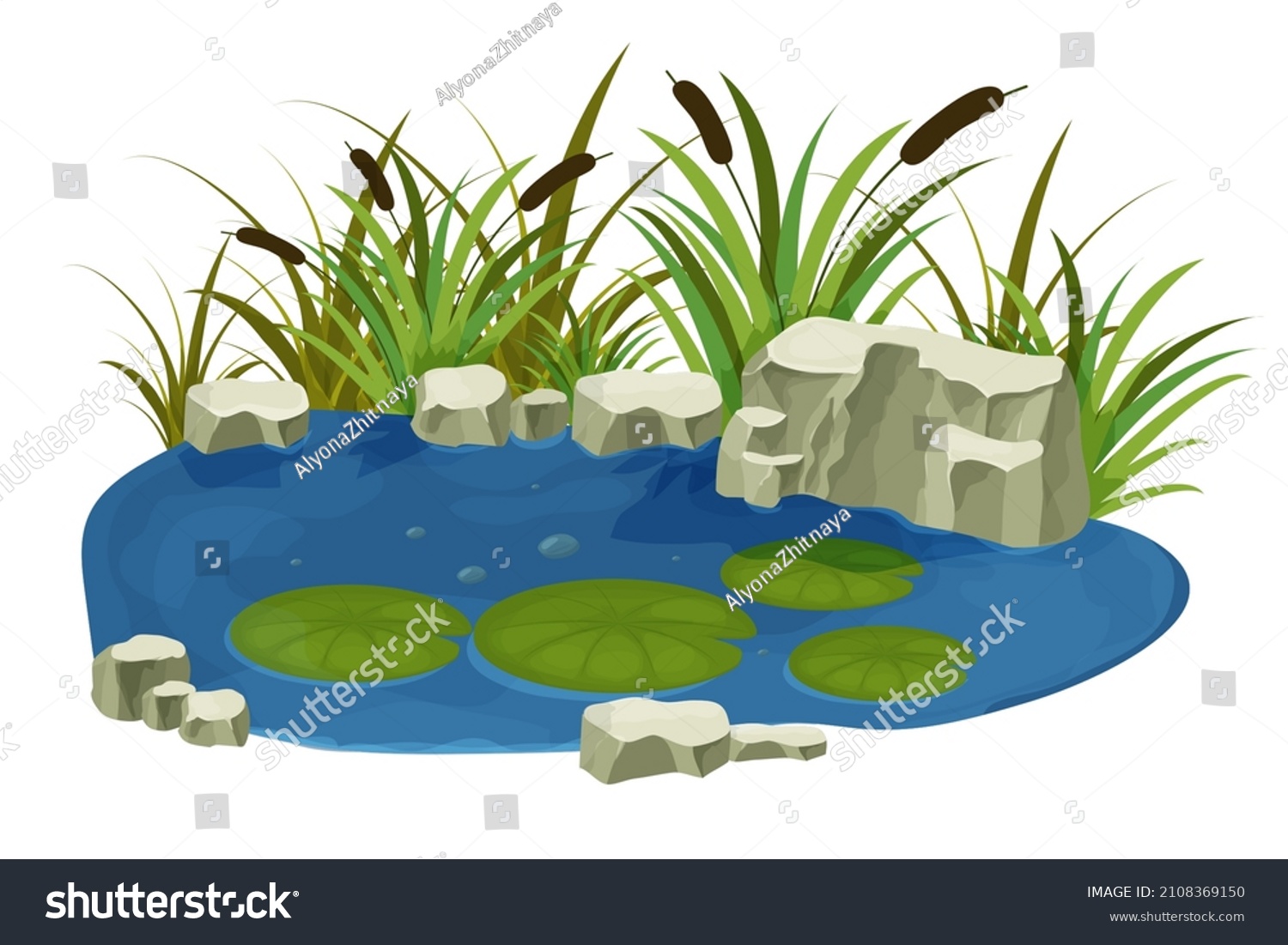 SVG of Lake, swamp with stones, bulrush lily leaves in cartoon style isolated on white background. Forest fantasy scene, wild nature. svg
