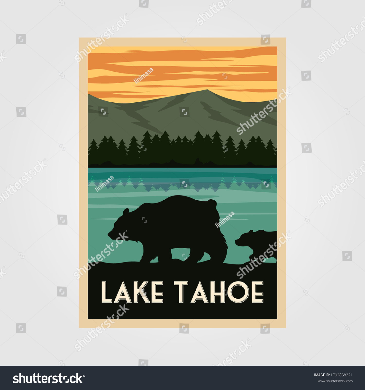 SVG of lake tahoe national park vintage poster outdoor vector illustration design, wild bear poster svg