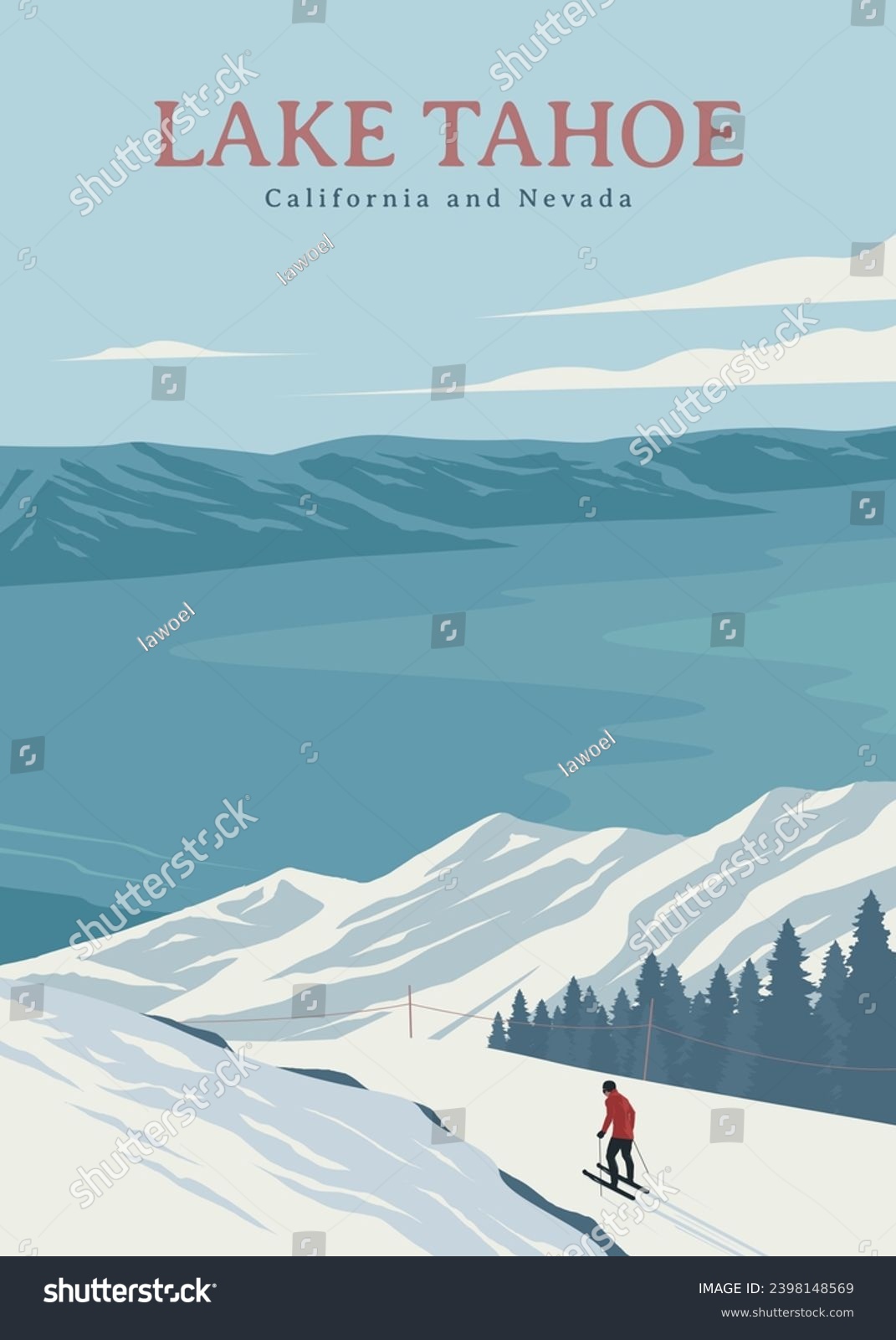 SVG of lake tahoe ski resort travel poster vintage design, lake tahoe winter view nevada and california svg