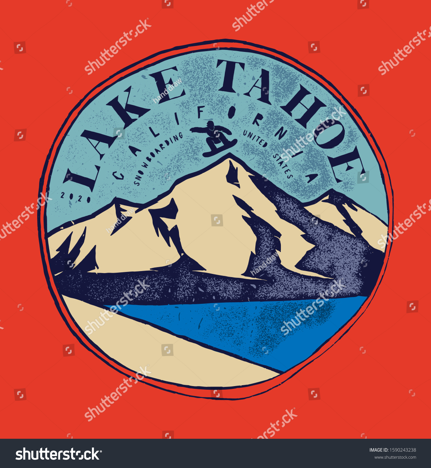 SVG of Lake tahoe ski resort vintage label witha snowboarder jumping over the mountain. svg