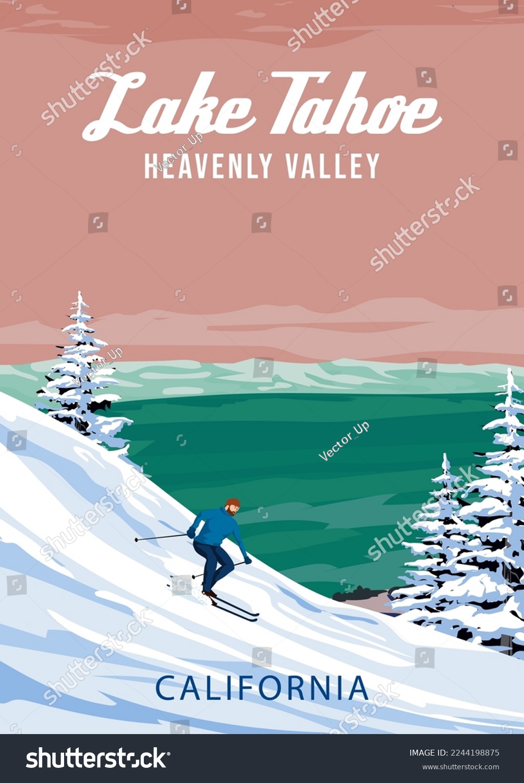 SVG of Lake Tahoe Ski Travel resort poster vintage. California USA winter landscape travel card svg