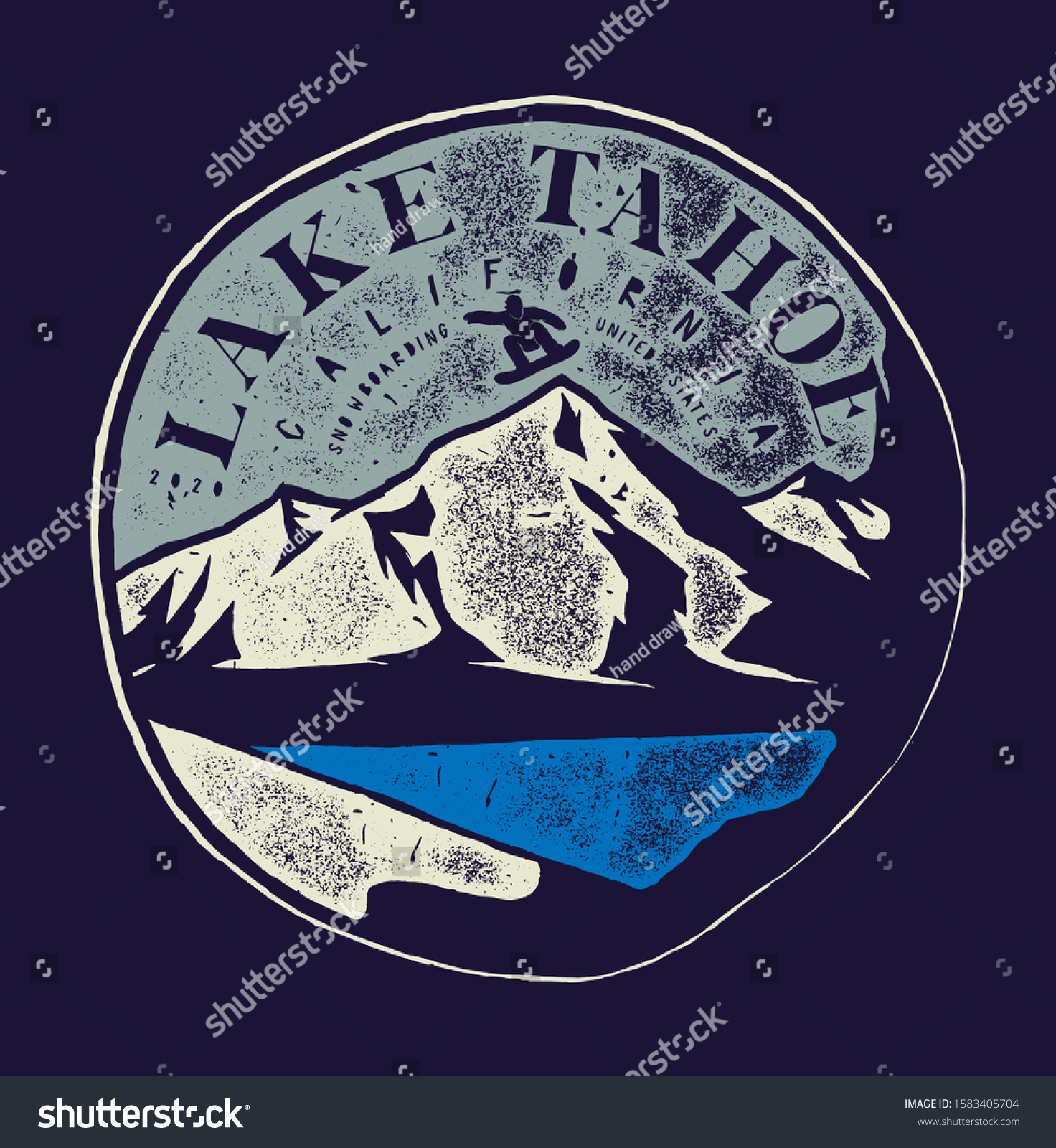 SVG of Lake Tahoe vintage snowboarding label with a mountain and little person boarding vector illustration. svg