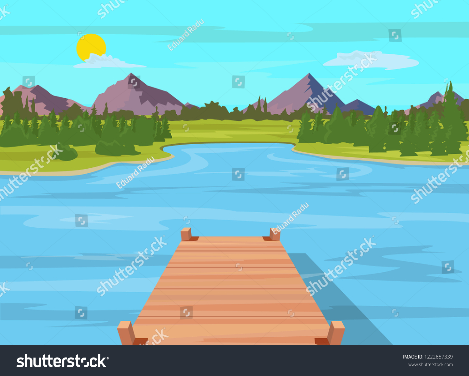 Lake View Wooden Dock Stock Vector (Royalty Free) 1222657339 | Shutterstock