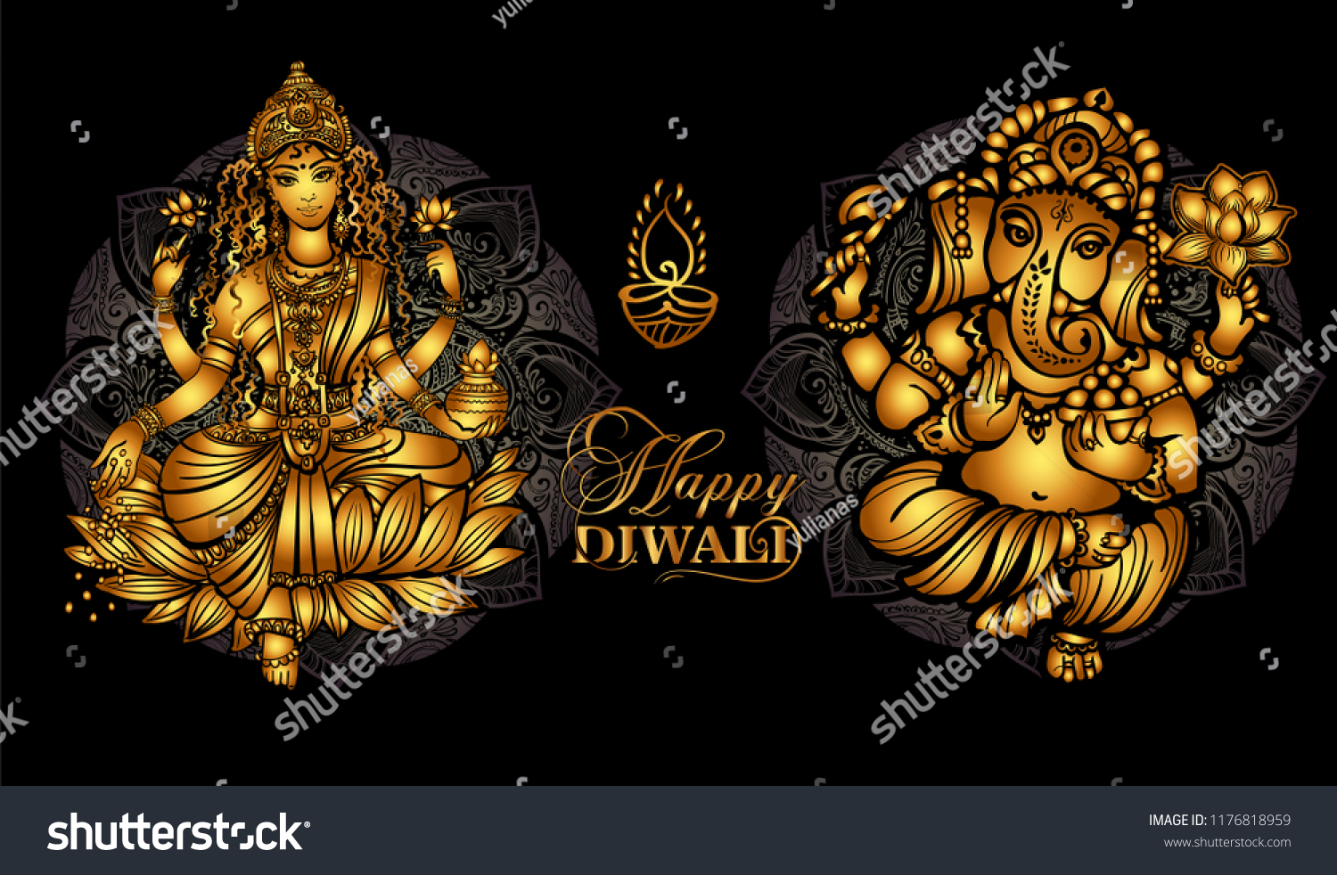 Lakshmi and Ganesha - Hindu gods. Holiday banner or greeting card for Indian festival Happy Diwali.