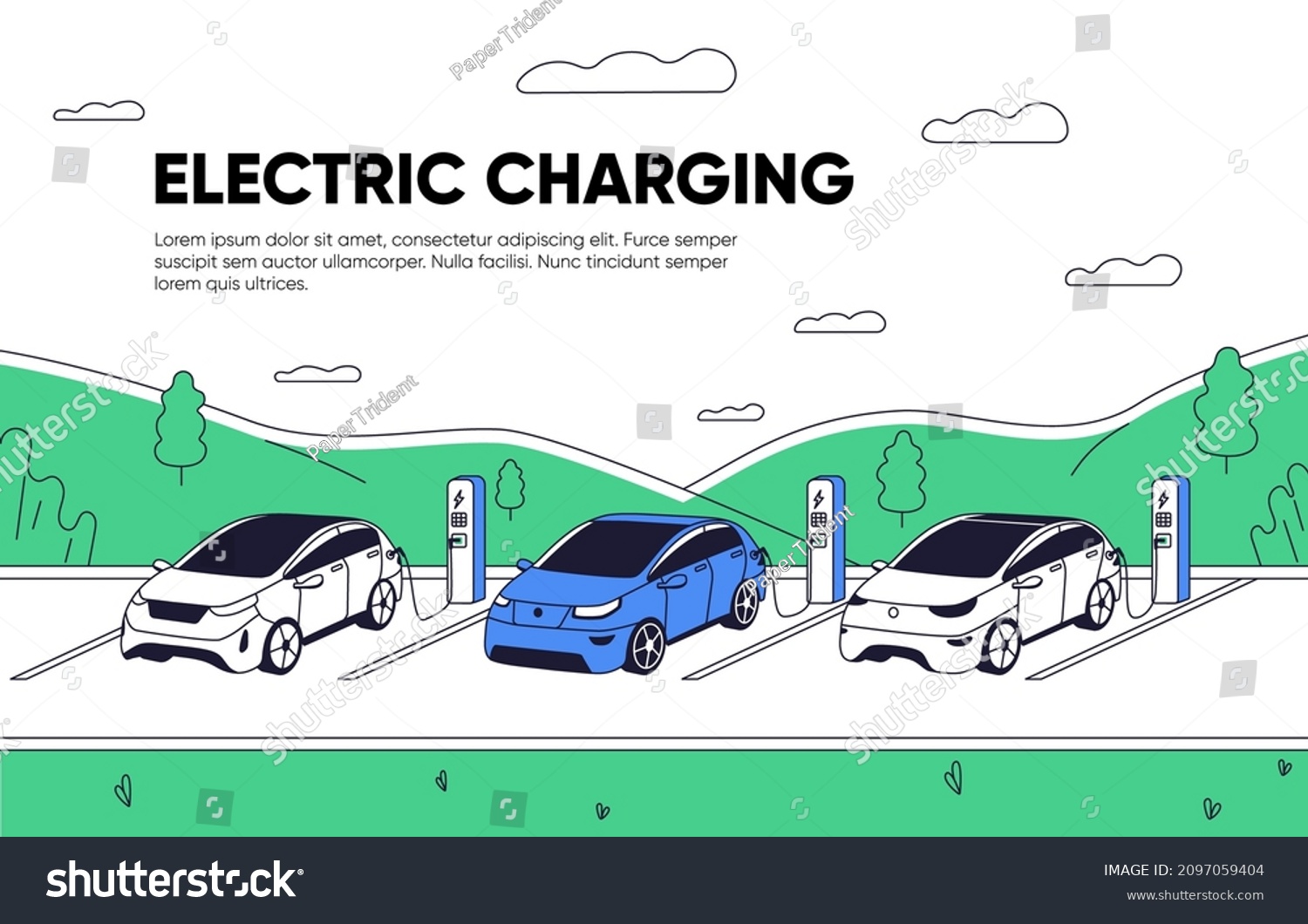SVG of Landing page template for charging station. Electric cars at EV charger, web-site background. Eco electro vehicles recharging at EVSE, website layout. Colored flat graphic vector illustration svg