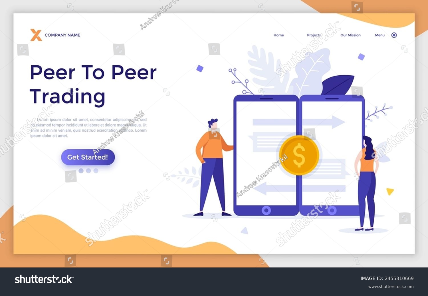 SVG of Landing page with Man, woman, two smartphones and golden dollar coin. Peer-to-peer payment, transfer of funds between banking accounts via mobile app. Modern flat vector illustration svg