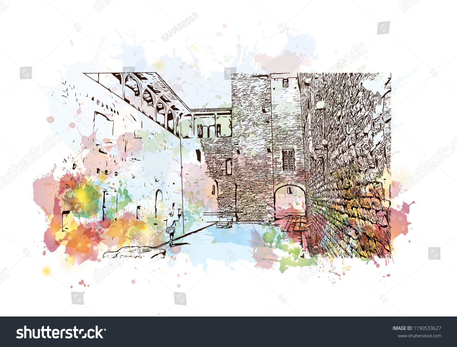 Landmark Building Carcassonne City France Watercolor Stock Vector ...