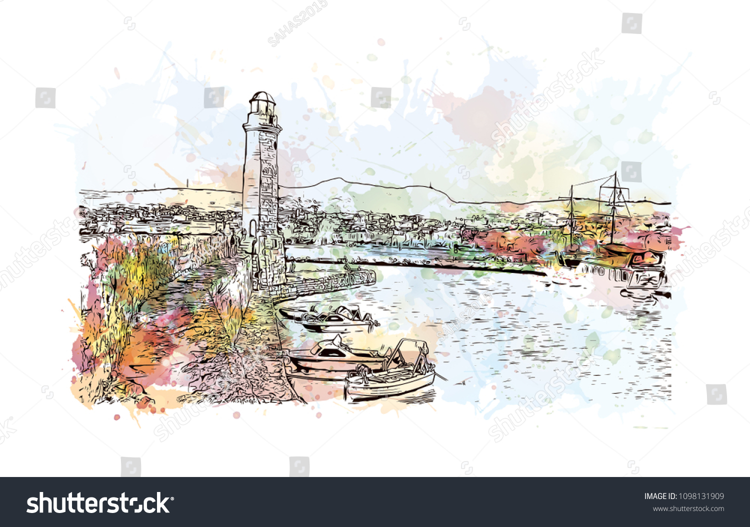 SVG of Landmark building view with street of Crete, Greece's largest island, Greece. Watercolor splash with Hand drawn sketch illustration in vector. svg