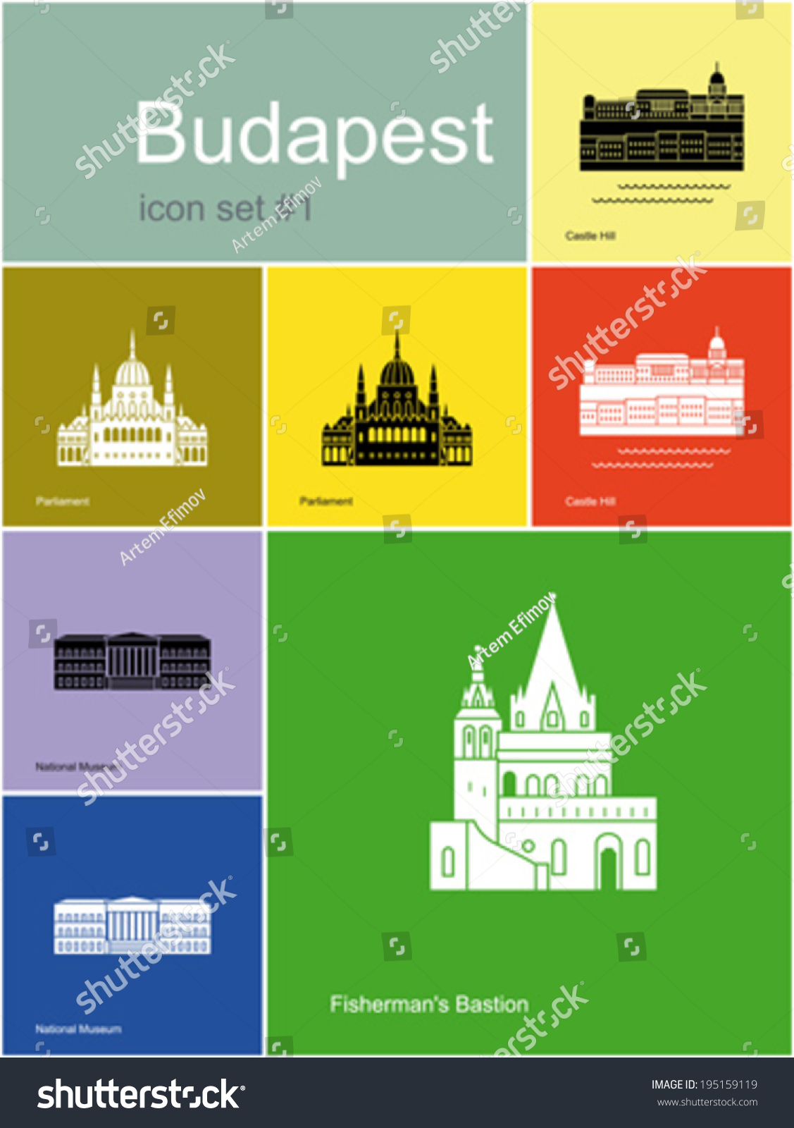 SVG of Landmarks of Budapest. Set of flat color icons in Metro style. Editable vector illustration. svg
