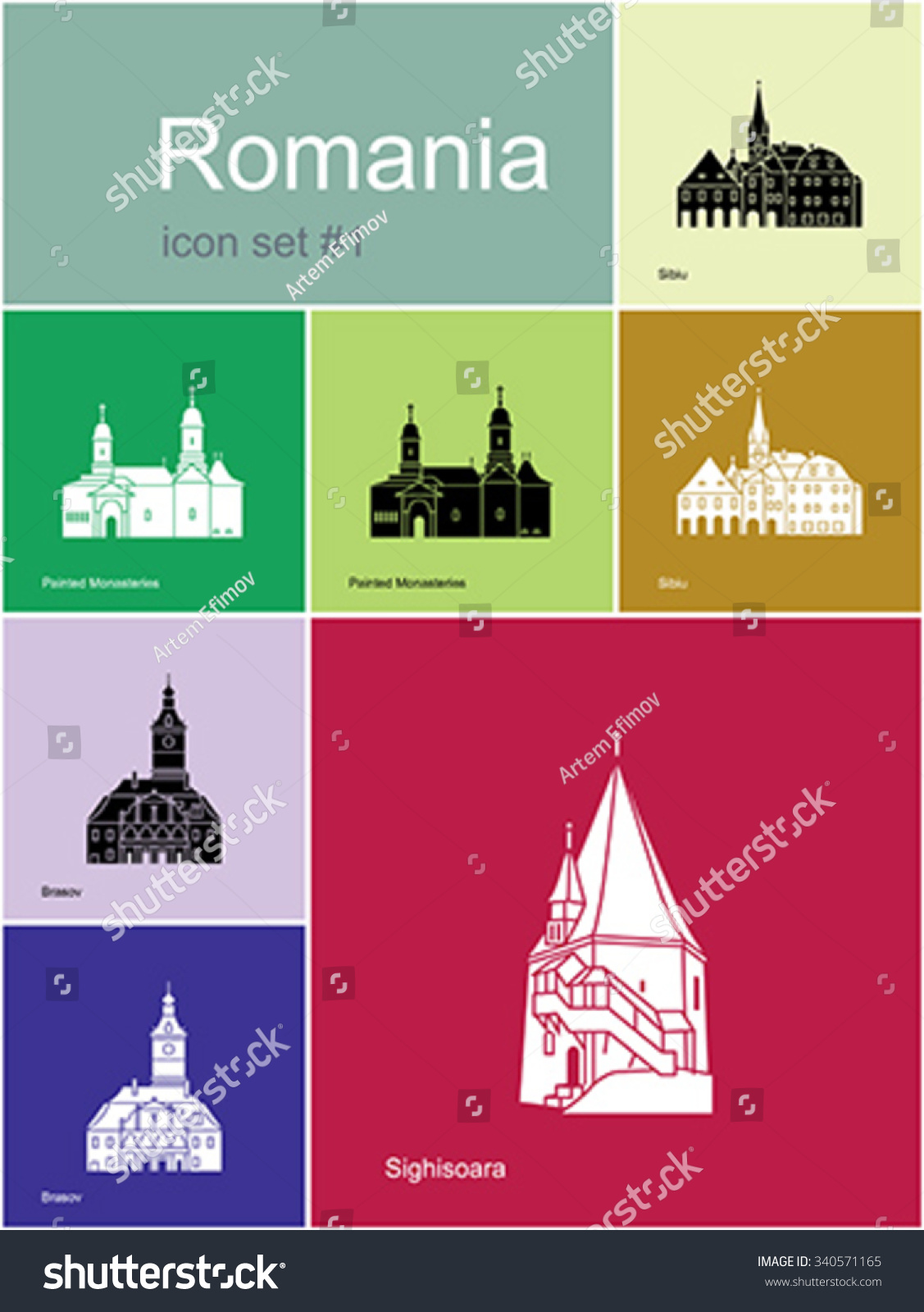 SVG of Landmarks of Romania. Set of color icons in Metro style. Editable vector illustration. svg