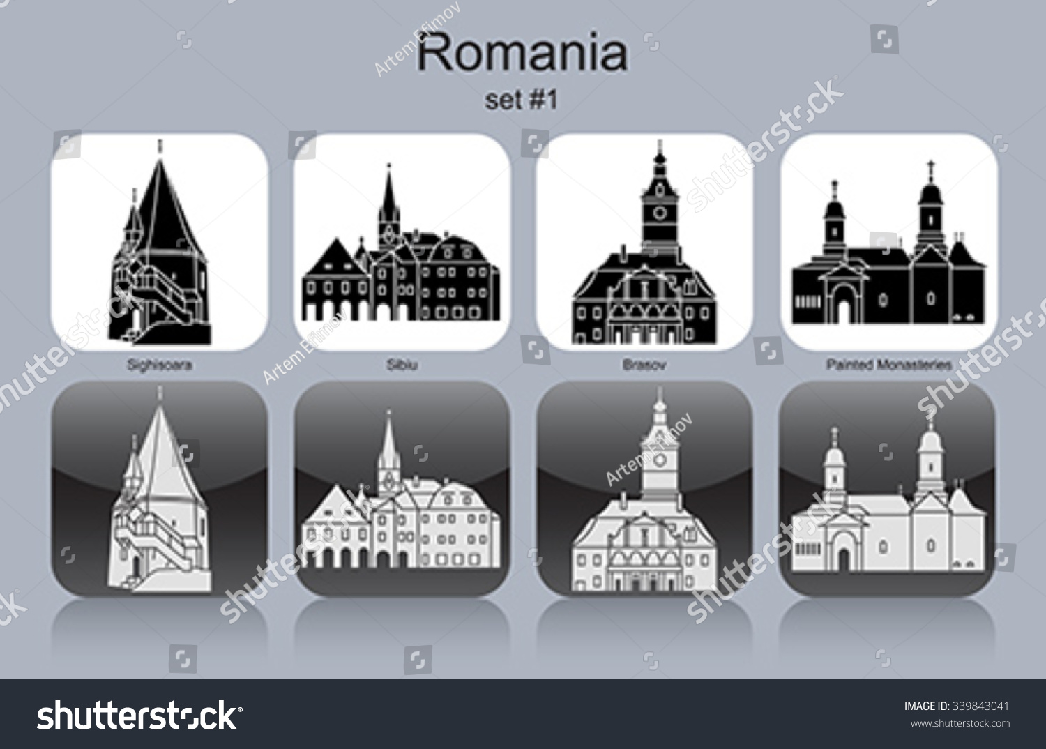 SVG of Landmarks of Romania. Set of monochrome icons. Editable vector illustration. svg