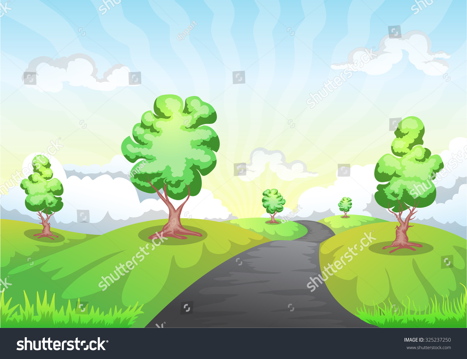 Landscape Cartoon Mountain Trees Road Horizon Stock Vector 325237250 ...