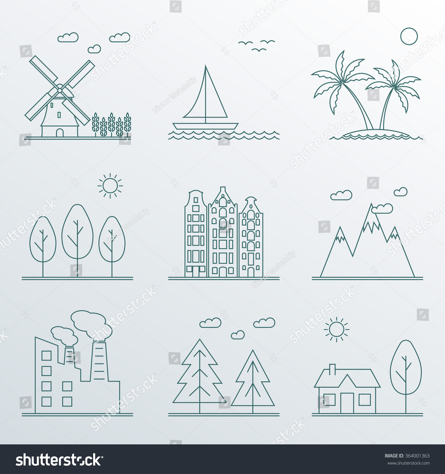 Landscape Icons Set Line Style Vector Stock Vector 364001363 - Shutterstock