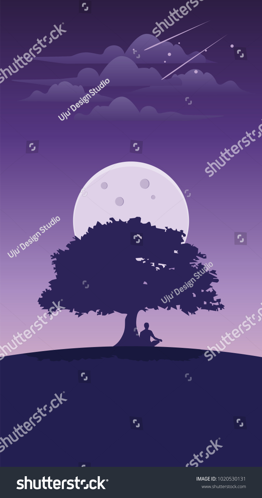 Landscape Man Under Tree Night Vector Stock Vector Royalty Free