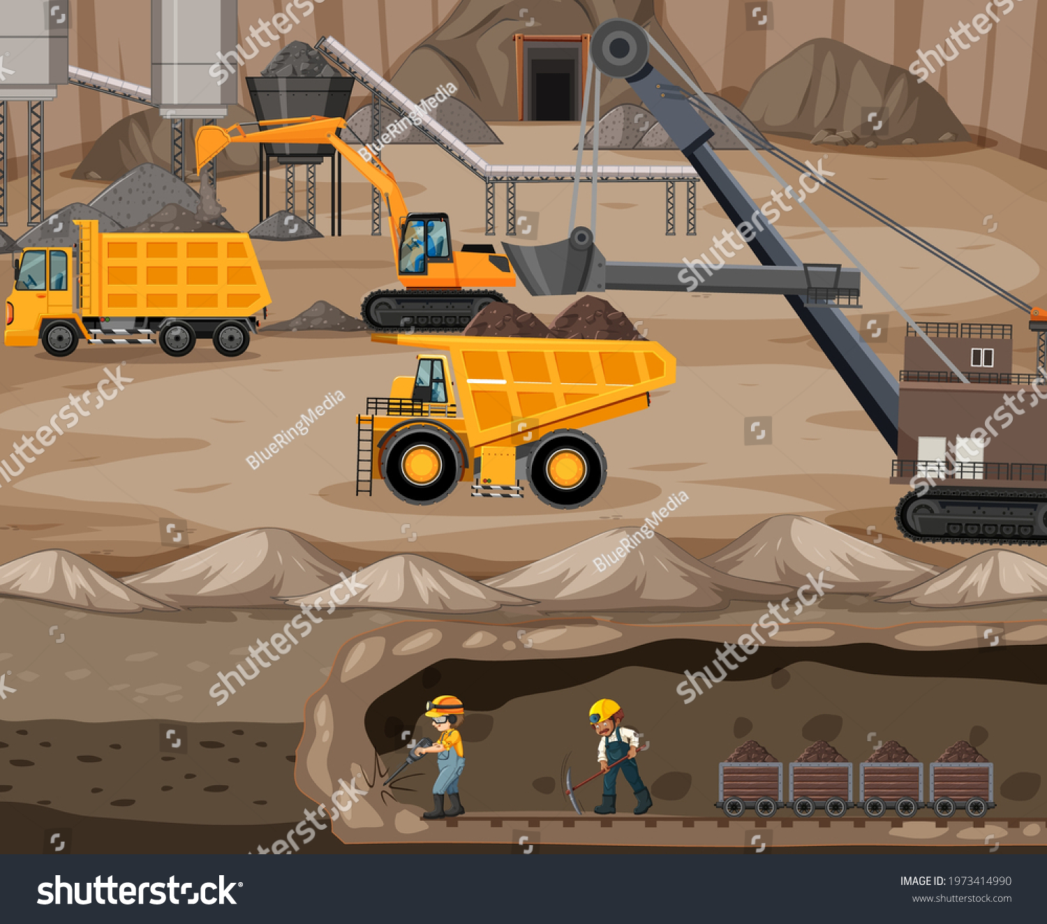 Landscape Coal Mining Underground Scene Illustration Stock Vector 