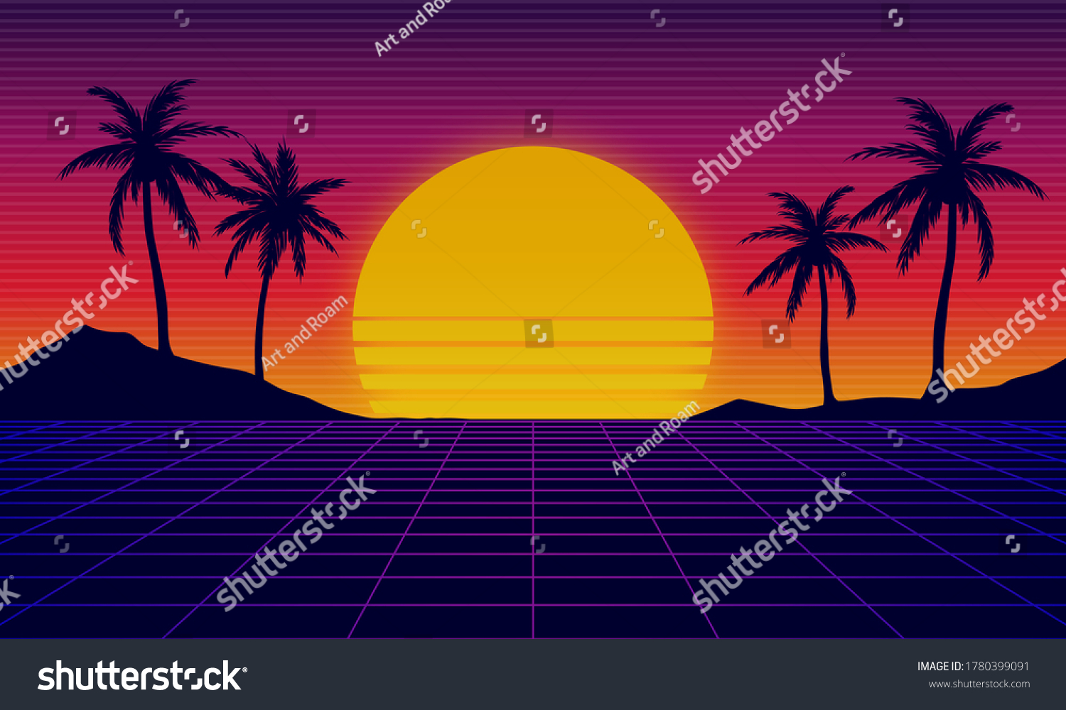 Landscape Skyline Neon Light Grid Sun Stock Vector (Royalty Free ...