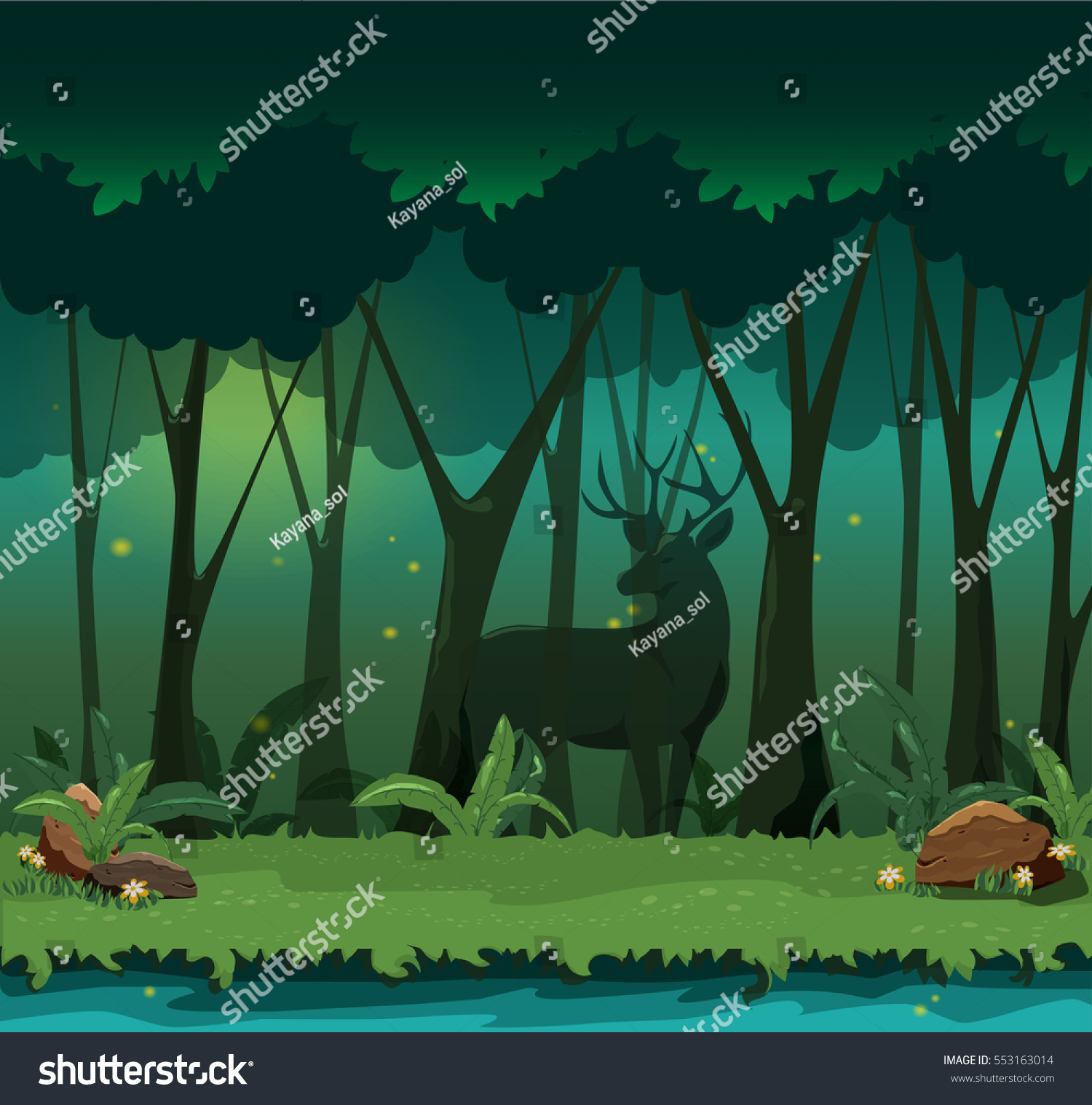 妖精のジャングルの中に鹿と風景 魔法の夜 緑の夜の森の背景 カー