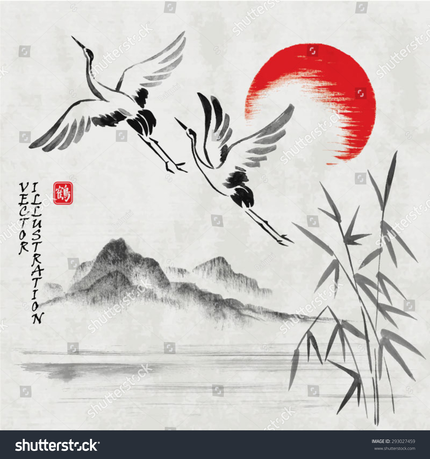 Landscape With Hills, Lake, Sun And Storks In Traditional Japanese Sumi ...