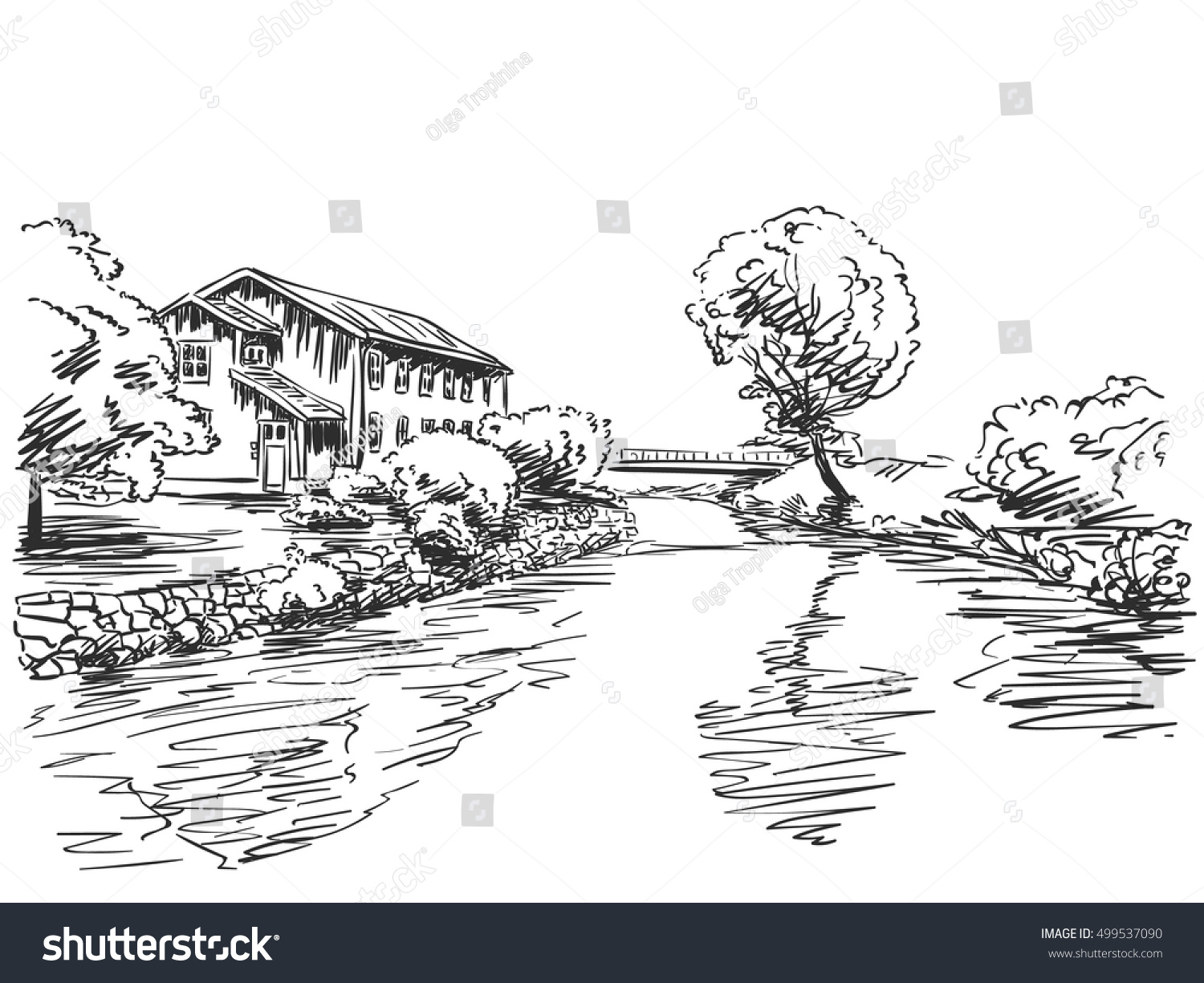 Landscape House Trees Next River Vector Stock Vector (royalty Free 